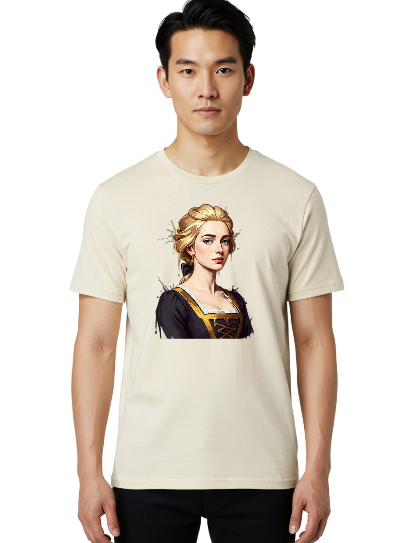Young-Woman-Portrait Men'S Graphic Tee, 100% Cotton, Comfortable Casual Summer Wear, Machine Washable, Blonde Woman, Renaissance Portrait, Elegant Attire, Blue Eyes, Gold Accents, Medieval Fashion, Historical Figure, Realistic Portrait, Bad946 29