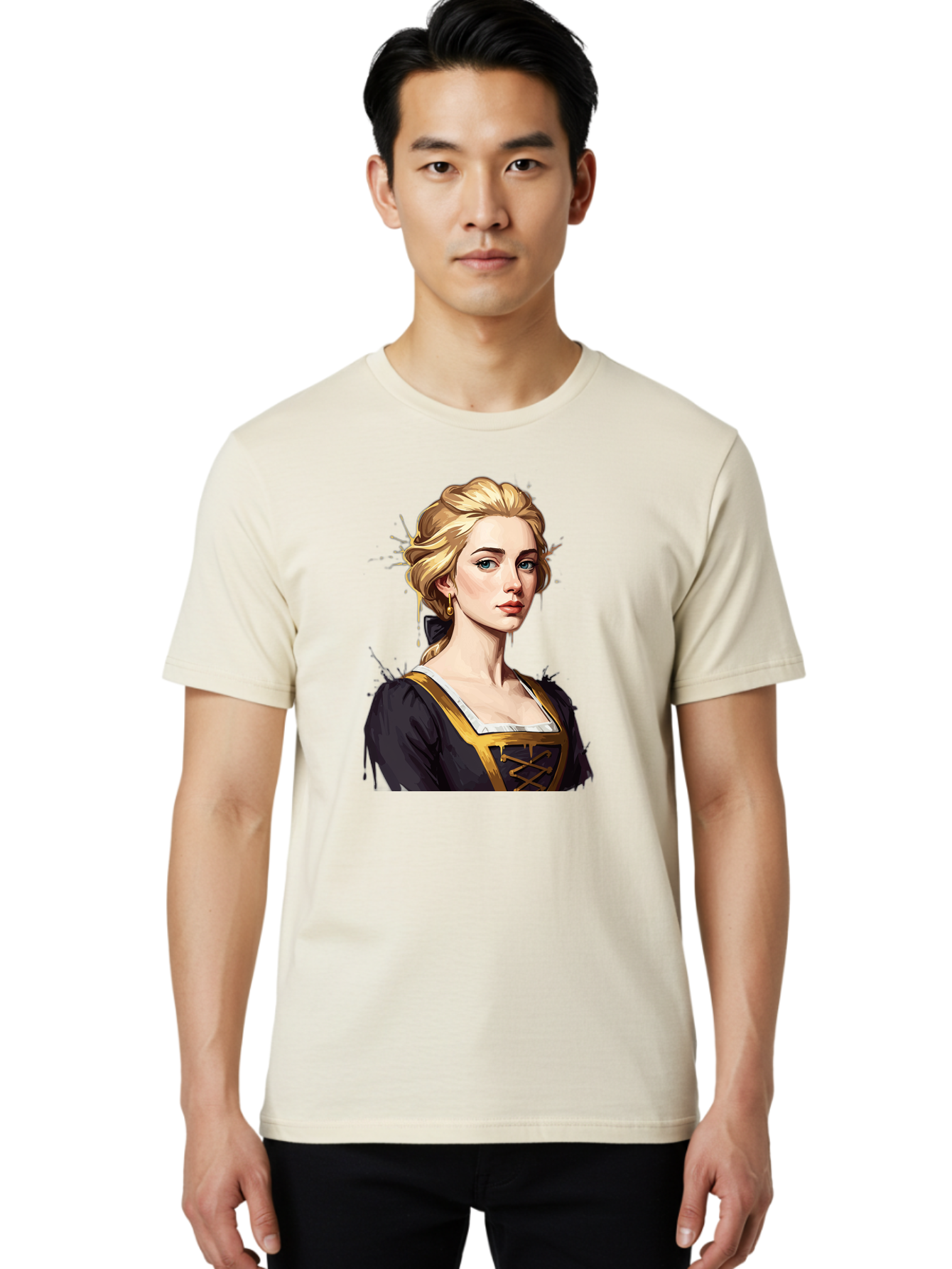 Young-Woman-Portrait Men'S Graphic Tee, 100% Cotton, Comfortable Casual Summer Wear, Machine Washable, Blonde Woman, Renaissance Portrait, Elegant Attire, Blue Eyes, Gold Accents, Medieval Fashion, Historical Figure, Realistic Portrait, Bad946 17