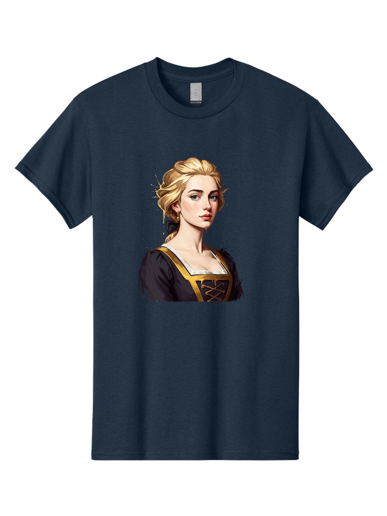 Young-Woman-Portrait Men'S Graphic Tee, 100% Cotton, Comfortable Casual Summer Wear, Machine Washable, Blonde Woman, Renaissance Portrait, Elegant Attire, Blue Eyes, Gold Accents, Medieval Fashion, Historical Figure, Realistic Portrait, Bad946 5