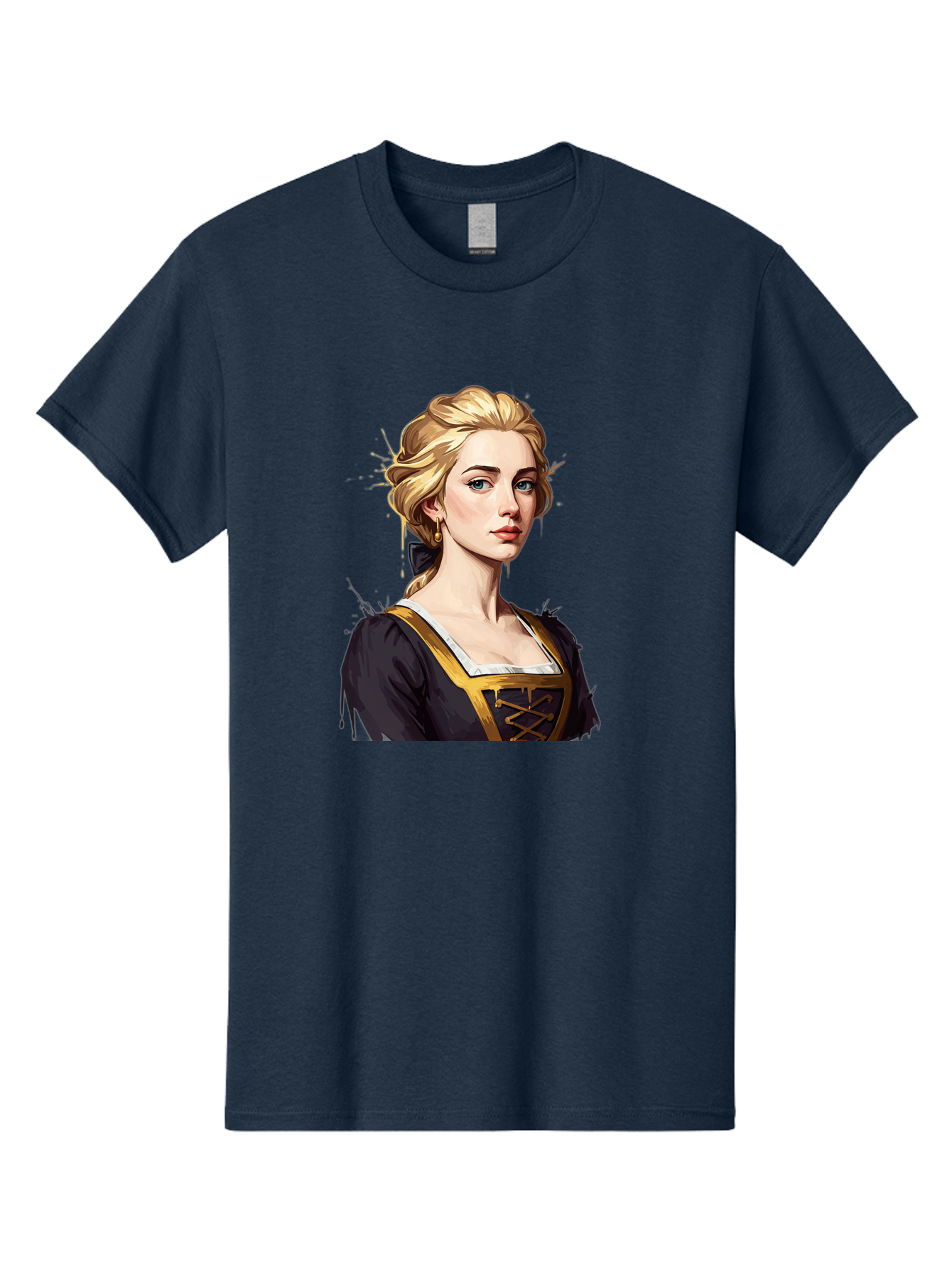 Young-Woman-Portrait Men'S Graphic Tee, 100% Cotton, Comfortable Casual Summer Wear, Machine Washable, Blonde Woman, Renaissance Portrait, Elegant Attire, Blue Eyes, Gold Accents, Medieval Fashion, Historical Figure, Realistic Portrait, Bad946 8