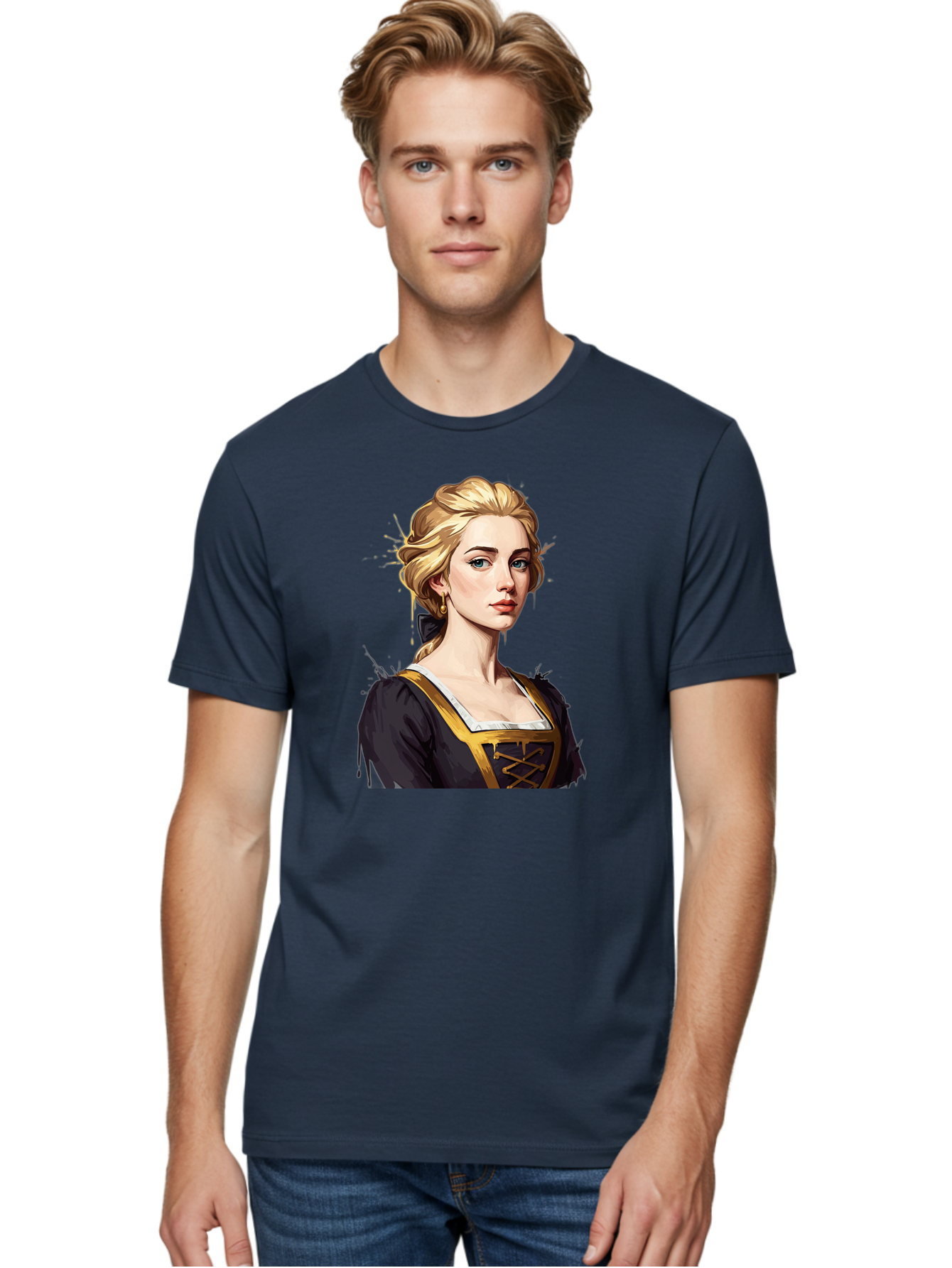 Young-Woman-Portrait Men'S Graphic Tee, 100% Cotton, Comfortable Casual Summer Wear, Machine Washable, Blonde Woman, Renaissance Portrait, Elegant Attire, Blue Eyes, Gold Accents, Medieval Fashion, Historical Figure, Realistic Portrait, Bad946 23