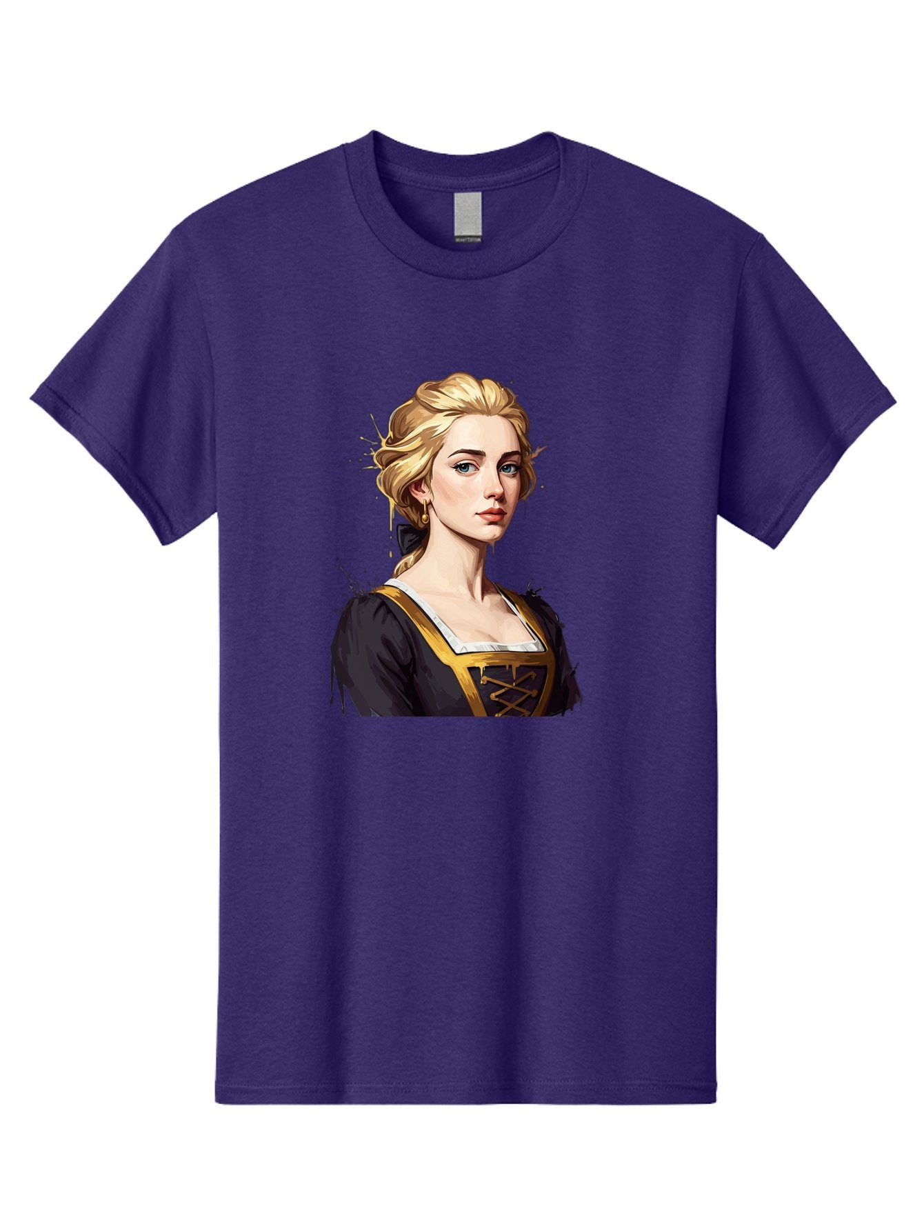 Young-Woman-Portrait Men'S Graphic Tee, 100% Cotton, Comfortable Casual Summer Wear, Machine Washable, Blonde Woman, Renaissance Portrait, Elegant Attire, Blue Eyes, Gold Accents, Medieval Fashion, Historical Figure, Realistic Portrait, Bad946 13