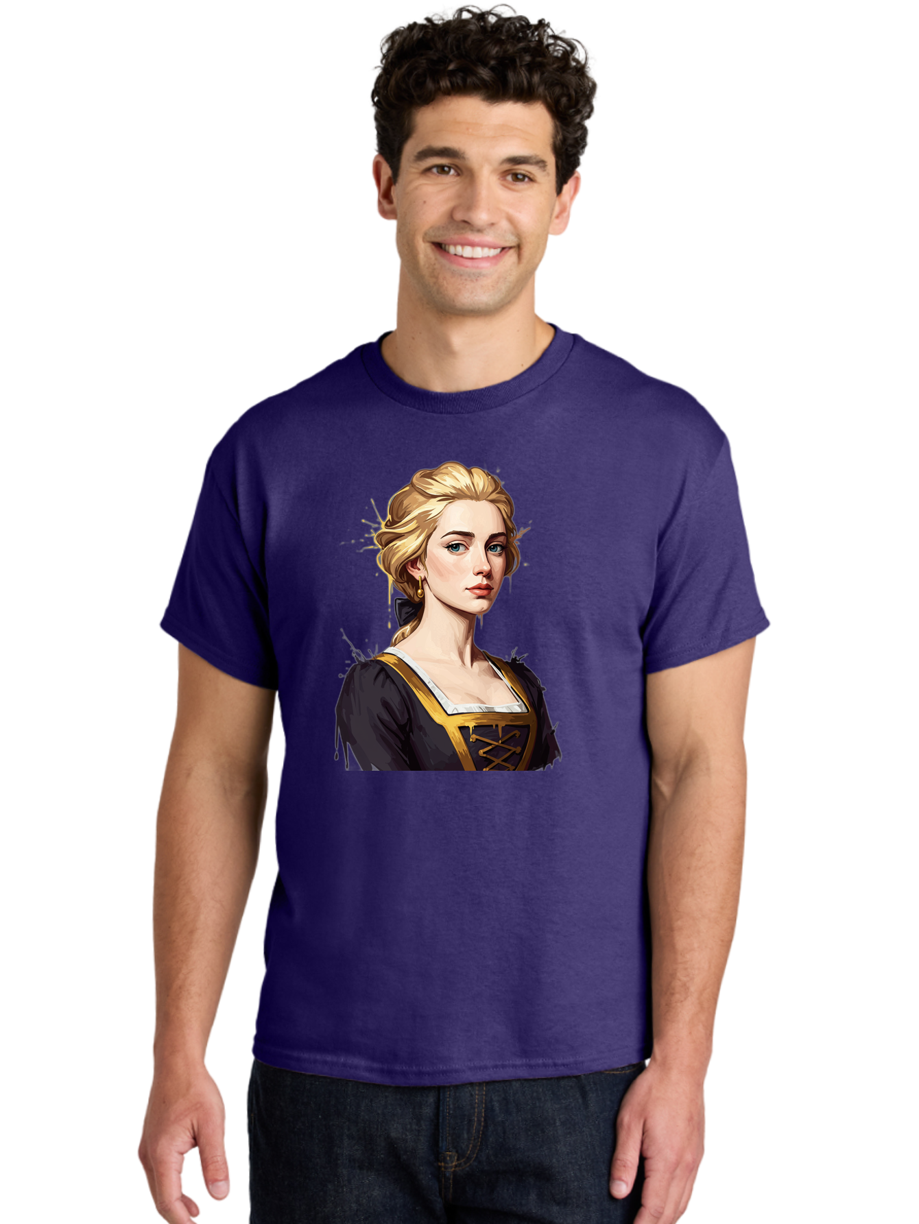 Young-Woman-Portrait Men'S Graphic Tee, 100% Cotton, Comfortable Casual Summer Wear, Machine Washable, Blonde Woman, Renaissance Portrait, Elegant Attire, Blue Eyes, Gold Accents, Medieval Fashion, Historical Figure, Realistic Portrait, Bad946 30