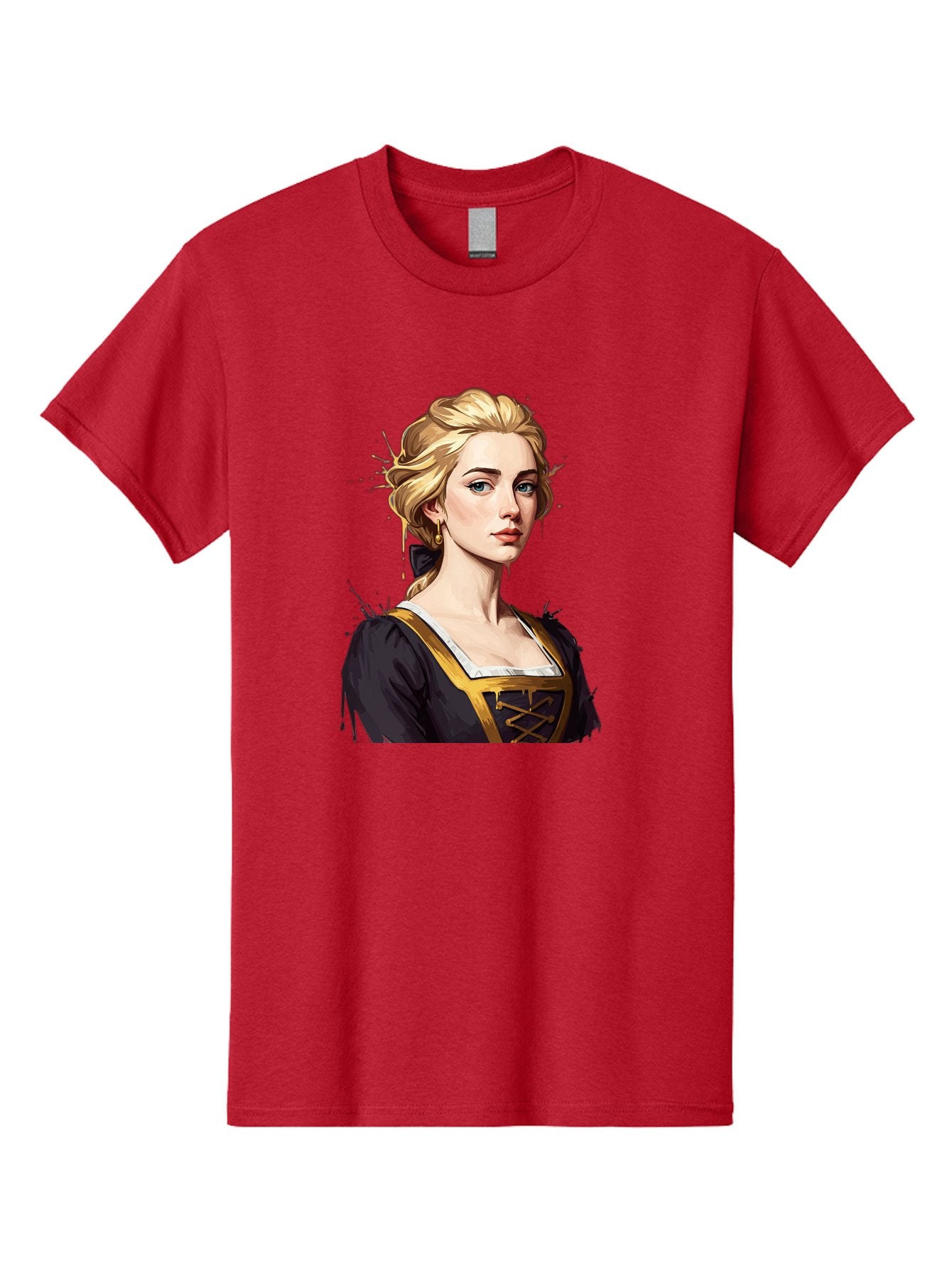 Young-Woman-Portrait Men'S Graphic Tee, 100% Cotton, Comfortable Casual Summer Wear, Machine Washable, Blonde Woman, Renaissance Portrait, Elegant Attire, Blue Eyes, Gold Accents, Medieval Fashion, Historical Figure, Realistic Portrait, Bad946 15