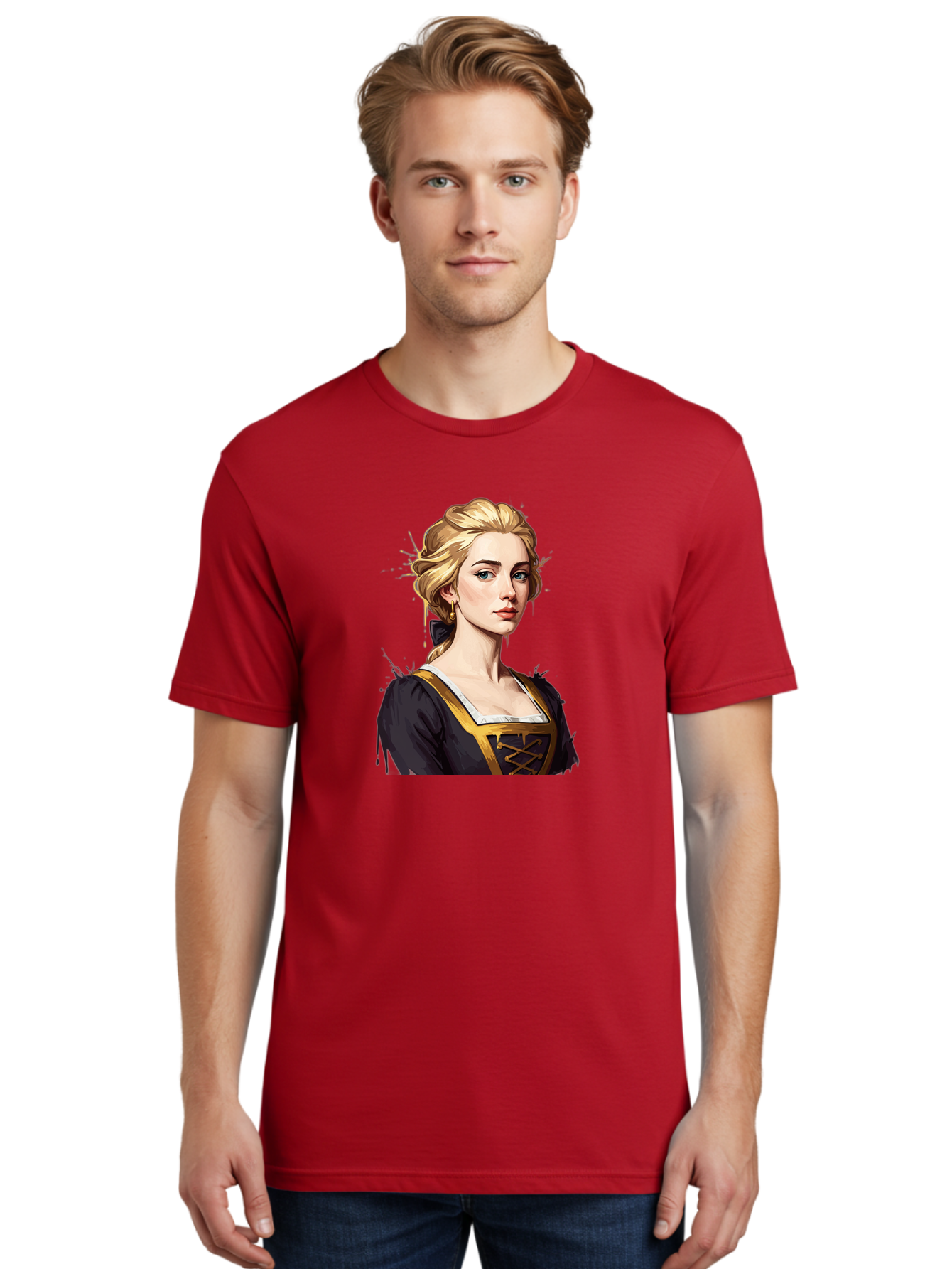 Young-Woman-Portrait Men'S Graphic Tee, 100% Cotton, Comfortable Casual Summer Wear, Machine Washable, Blonde Woman, Renaissance Portrait, Elegant Attire, Blue Eyes, Gold Accents, Medieval Fashion, Historical Figure, Realistic Portrait, Bad946 16