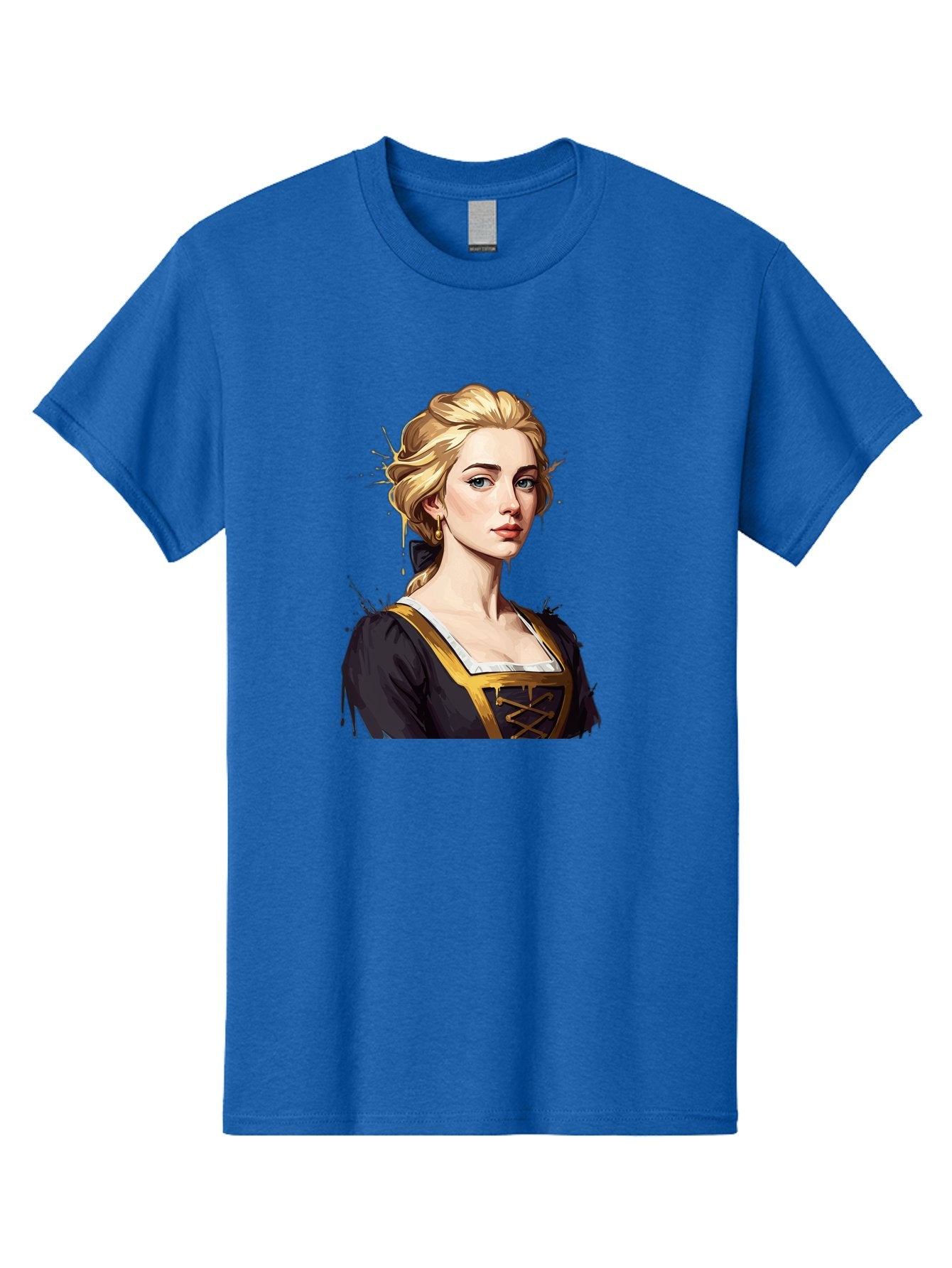 Young-Woman-Portrait Men'S Graphic Tee, 100% Cotton, Comfortable Casual Summer Wear, Machine Washable, Blonde Woman, Renaissance Portrait, Elegant Attire, Blue Eyes, Gold Accents, Medieval Fashion, Historical Figure, Realistic Portrait, Bad946