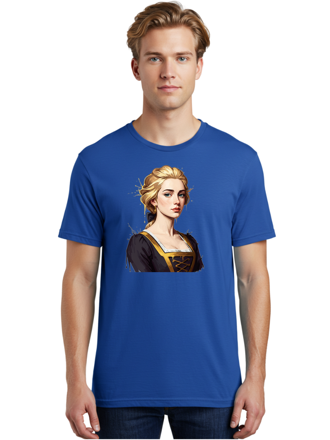 Young-Woman-Portrait Men'S Graphic Tee, 100% Cotton, Comfortable Casual Summer Wear, Machine Washable, Blonde Woman, Renaissance Portrait, Elegant Attire, Blue Eyes, Gold Accents, Medieval Fashion, Historical Figure, Realistic Portrait, Bad946 26