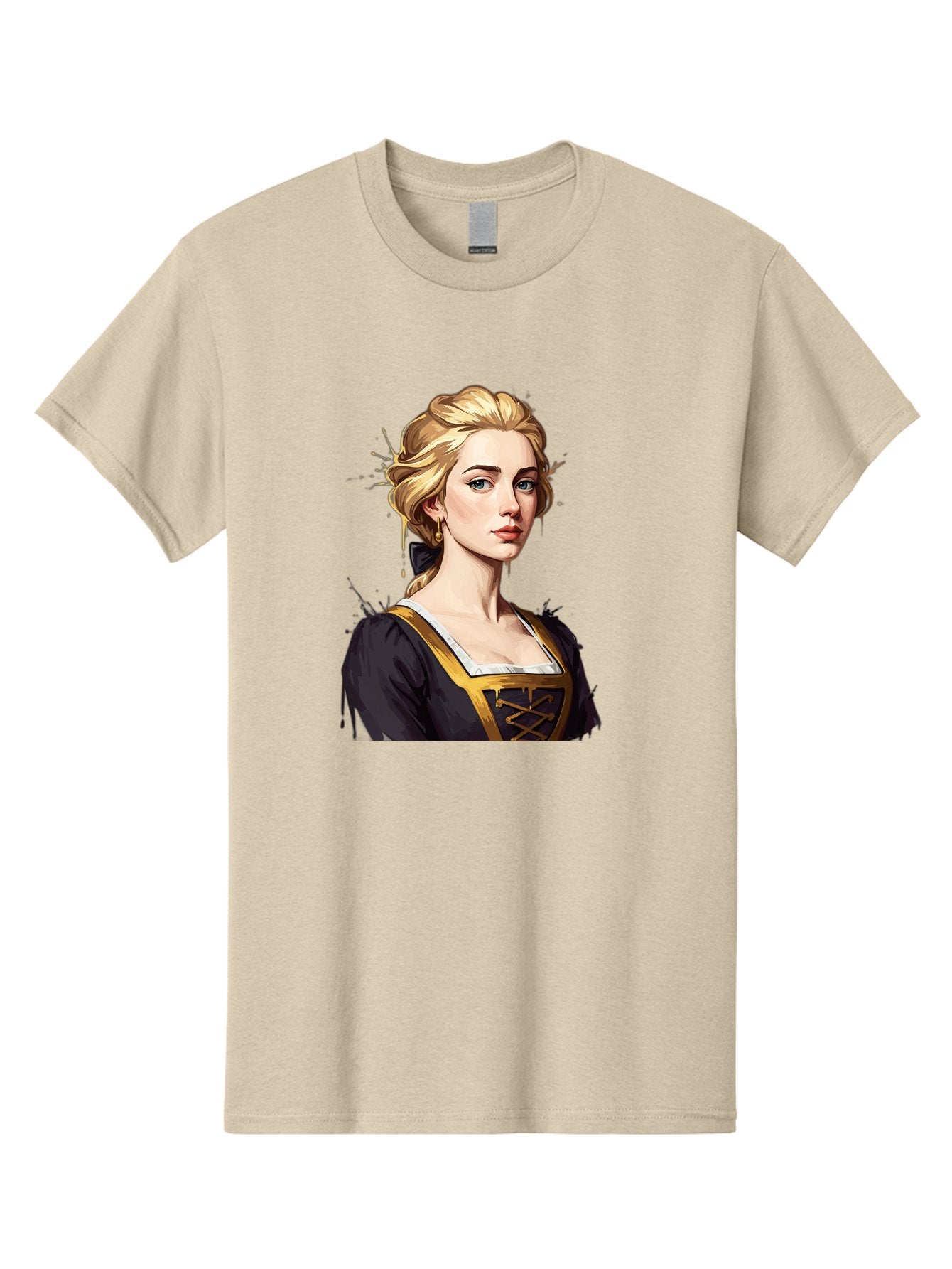 Young-Woman-Portrait Men'S Graphic Tee, 100% Cotton, Comfortable Casual Summer Wear, Machine Washable, Blonde Woman, Renaissance Portrait, Elegant Attire, Blue Eyes, Gold Accents, Medieval Fashion, Historical Figure, Realistic Portrait, Bad946 6
