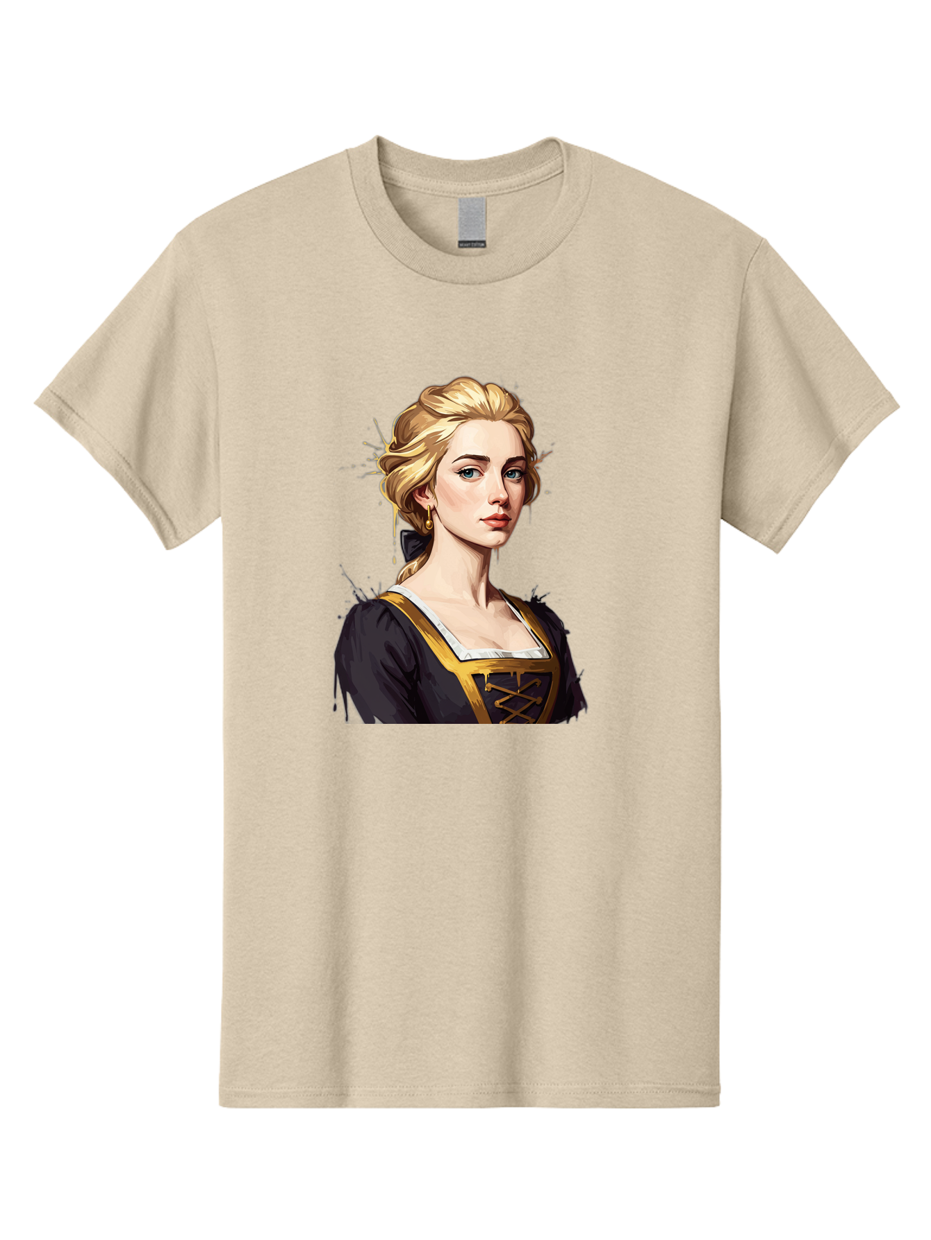 Young-Woman-Portrait Men'S Graphic Tee, 100% Cotton, Comfortable Casual Summer Wear, Machine Washable, Blonde Woman, Renaissance Portrait, Elegant Attire, Blue Eyes, Gold Accents, Medieval Fashion, Historical Figure, Realistic Portrait, Bad946 7