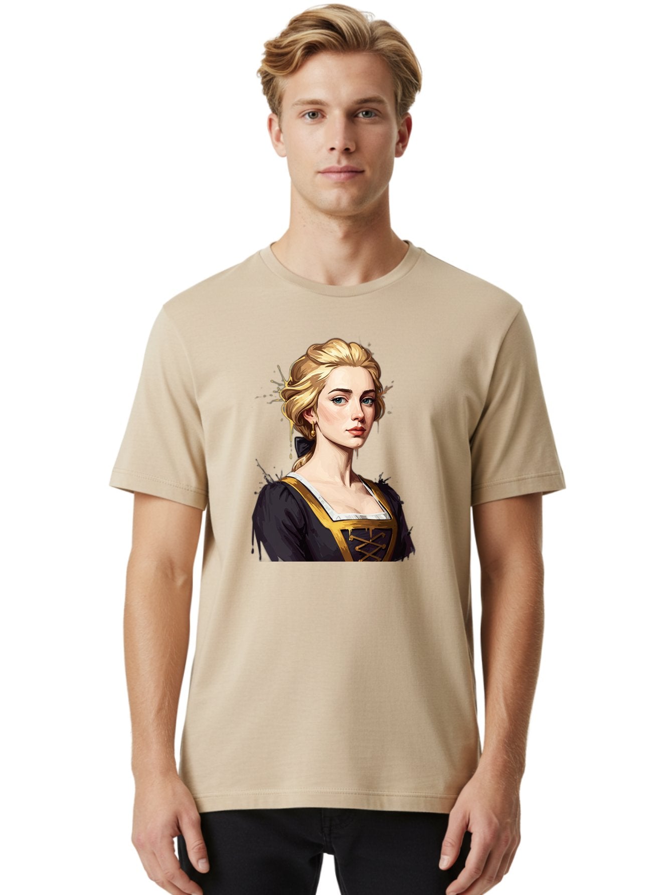 Young-Woman-Portrait Men'S Graphic Tee, 100% Cotton, Comfortable Casual Summer Wear, Machine Washable, Blonde Woman, Renaissance Portrait, Elegant Attire, Blue Eyes, Gold Accents, Medieval Fashion, Historical Figure, Realistic Portrait, Bad946 24