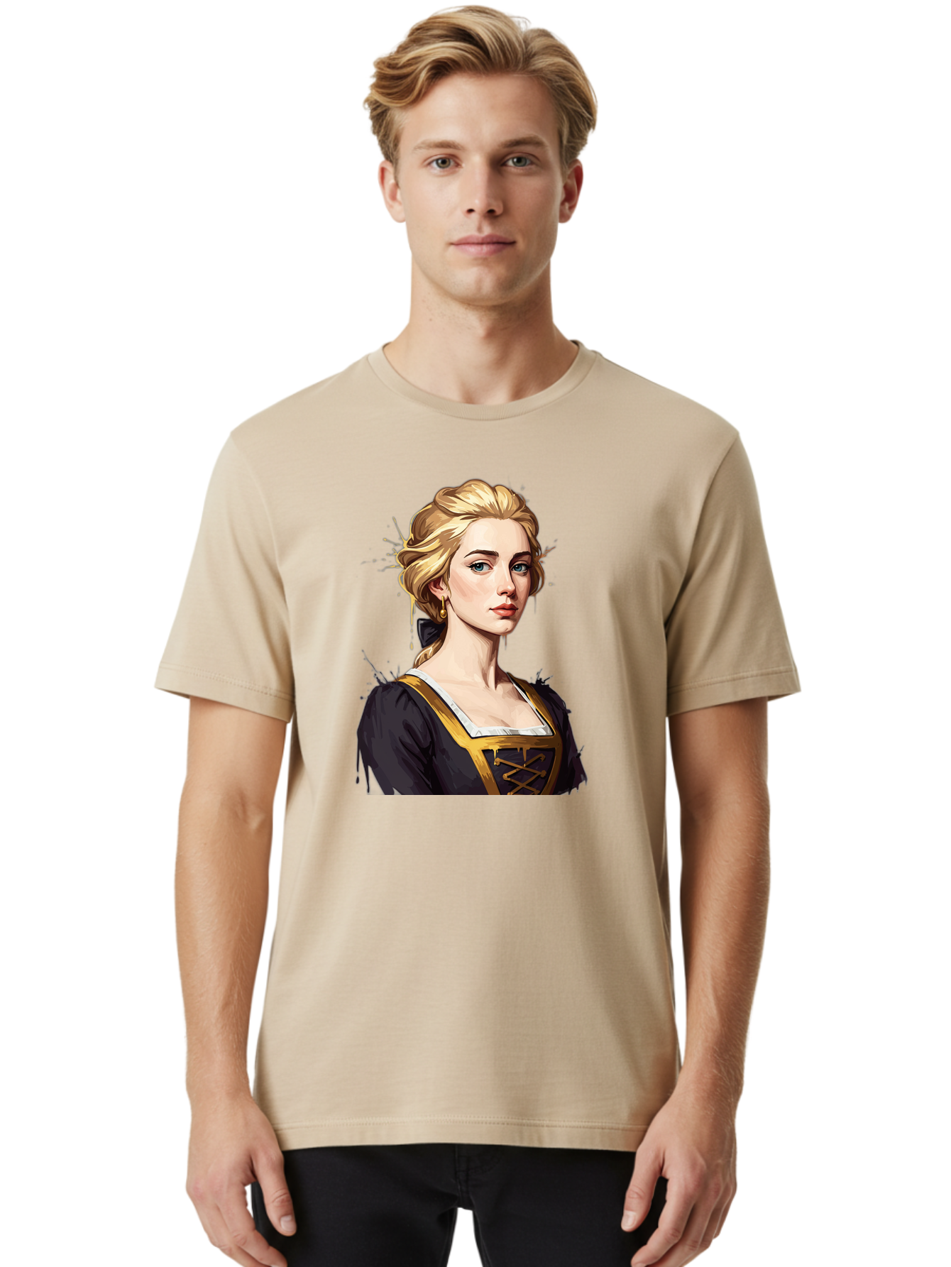 Young-Woman-Portrait Men'S Graphic Tee, 100% Cotton, Comfortable Casual Summer Wear, Machine Washable, Blonde Woman, Renaissance Portrait, Elegant Attire, Blue Eyes, Gold Accents, Medieval Fashion, Historical Figure, Realistic Portrait, Bad946 22