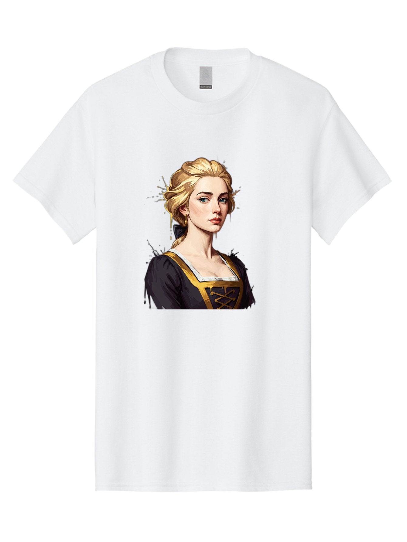 Young-Woman-Portrait Men'S Graphic Tee, 100% Cotton, Comfortable Casual Summer Wear, Machine Washable, Blonde Woman, Renaissance Portrait, Elegant Attire, Blue Eyes, Gold Accents, Medieval Fashion, Historical Figure, Realistic Portrait, Bad946 7