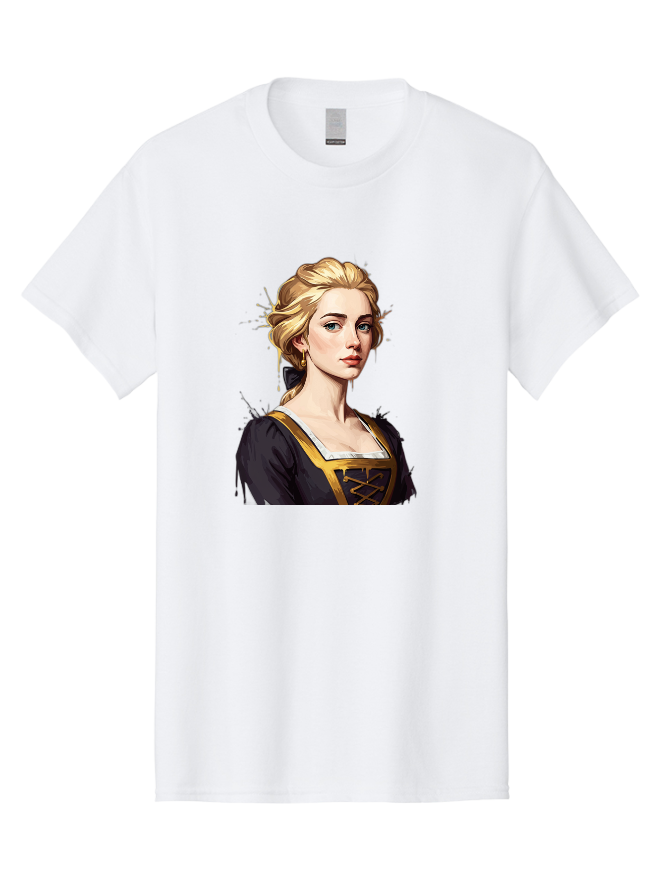 Young-Woman-Portrait Men'S Graphic Tee, 100% Cotton, Comfortable Casual Summer Wear, Machine Washable, Blonde Woman, Renaissance Portrait, Elegant Attire, Blue Eyes, Gold Accents, Medieval Fashion, Historical Figure, Realistic Portrait, Bad946 13