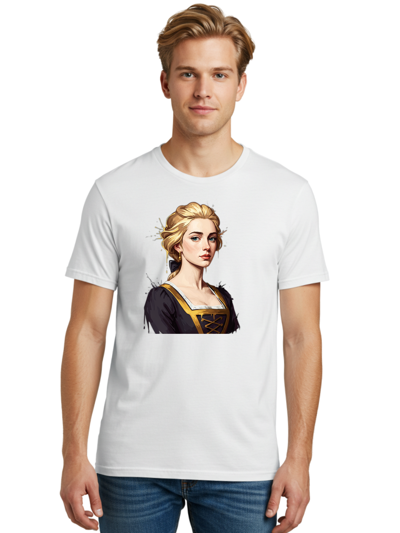 Young-Woman-Portrait Men'S Graphic Tee, 100% Cotton, Comfortable Casual Summer Wear, Machine Washable, Blonde Woman, Renaissance Portrait, Elegant Attire, Blue Eyes, Gold Accents, Medieval Fashion, Historical Figure, Realistic Portrait, Bad946 28