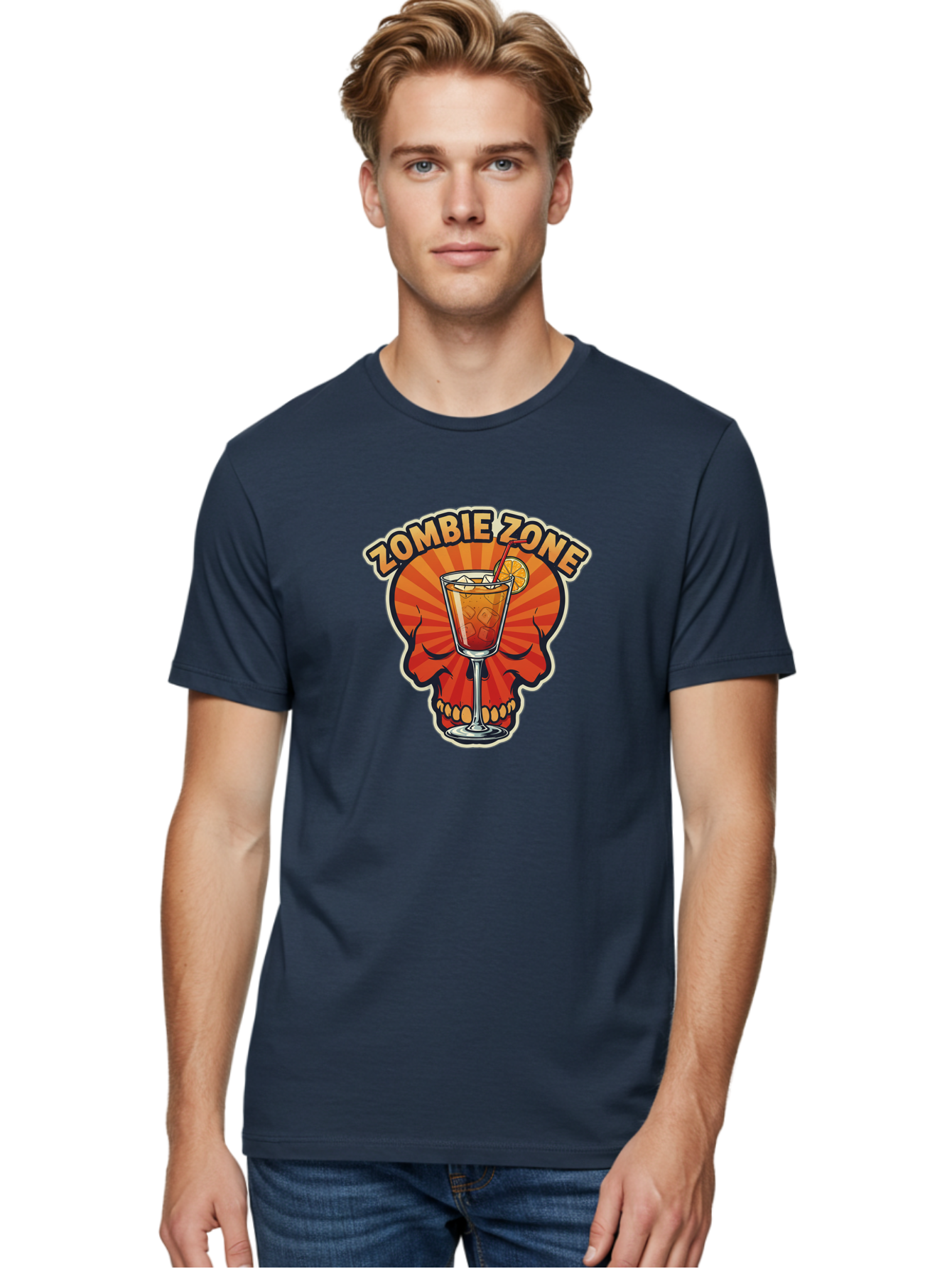 Zombie-Zone Men'S Graphic Tee, 100% Cotton, Comfortable Casual Summer Wear, Machine Washable, Zombie Zone Cocktail, Orange And Red Skull, Tiki Drink, Zombie-Themed Bar, Cocktail Party, Summer Vibes, Orange Drink, Horror-Themed Drinks Bad949 25