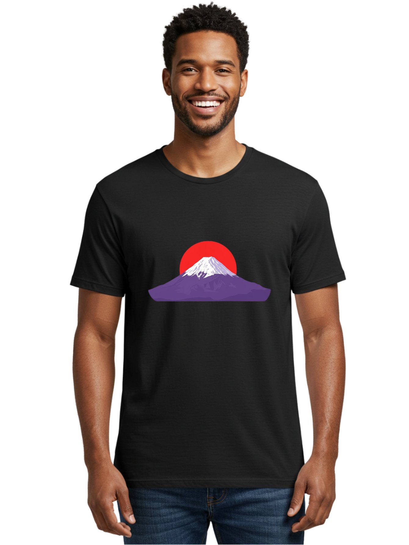 Fuji Men'S Graphic Tee, 100% Cotton, Comfortable Casual Summer Wear, Machine Washable, Mount Fuji Landscape, Red Sun, White Snow, Purple Mountain, Japan Scenery, Minimalist Art, Simple Shapes, Iconic Landmark, Serene Atmosphere, Bad952 30