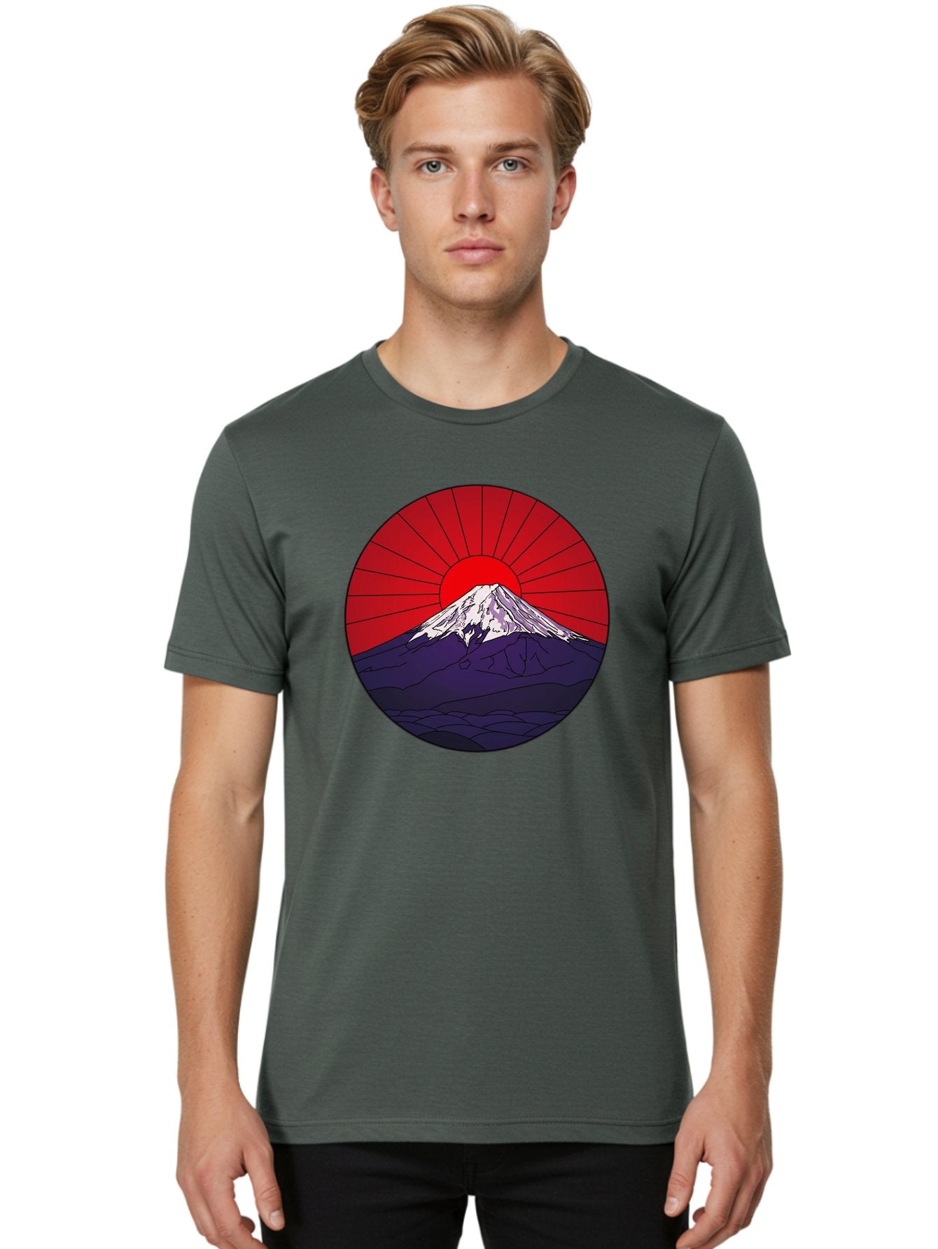 Fujisan Men'S Graphic Tee, 100% Cotton, Comfortable Casual Summer Wear, Machine Washable, Mount Fuji Landscape, Red Sunrise, Iconic Mountain, Japan Scenery, Minimalist Art, Sunrise Over Mountains, Snow-Capped Peak Bad953 30