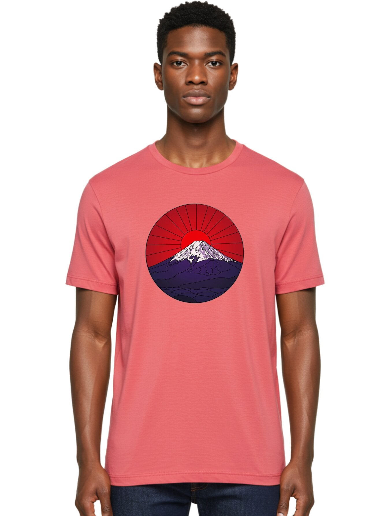 Fujisan Men'S Graphic Tee, 100% Cotton, Comfortable Casual Summer Wear, Machine Washable, Mount Fuji Landscape, Red Sunrise, Iconic Mountain, Japan Scenery, Minimalist Art, Sunrise Over Mountains, Snow-Capped Peak Bad953 17