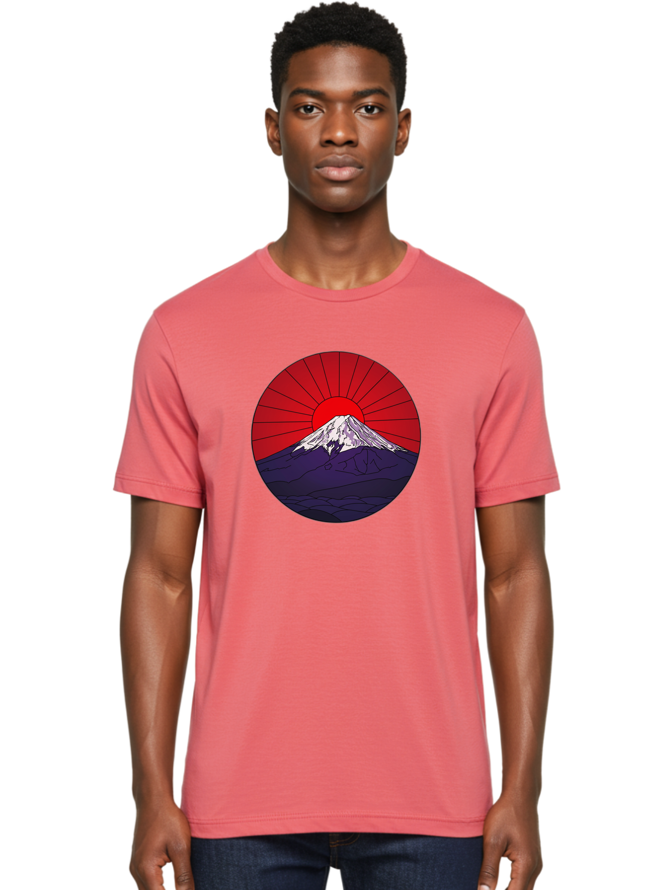 Fujisan Men'S Graphic Tee, 100% Cotton, Comfortable Casual Summer Wear, Machine Washable, Mount Fuji Landscape, Red Sunrise, Iconic Mountain, Japan Scenery, Minimalist Art, Sunrise Over Mountains, Snow-Capped Peak Bad953 29