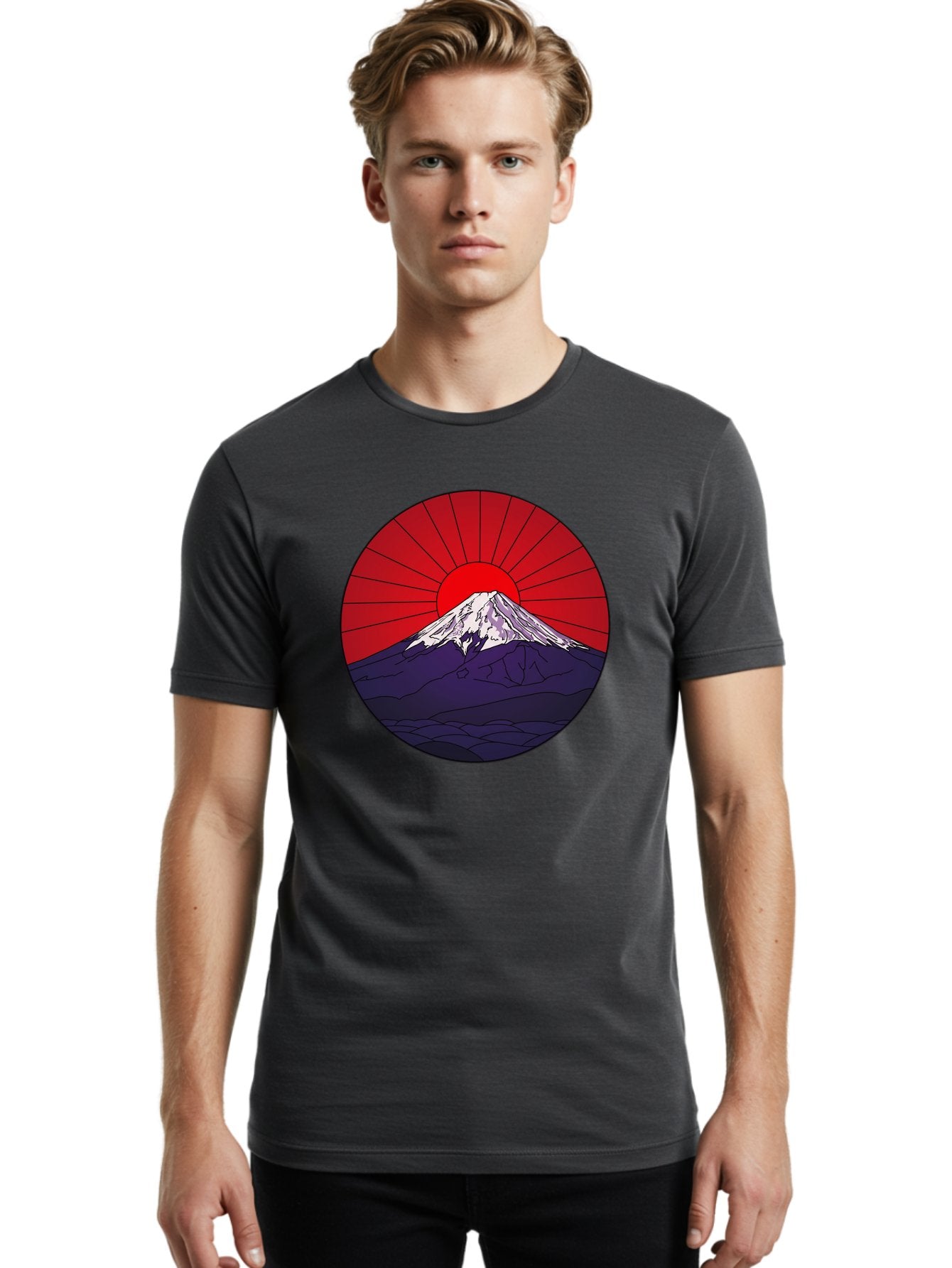 Fujisan Men'S Graphic Tee, 100% Cotton, Comfortable Casual Summer Wear, Machine Washable, Mount Fuji Landscape, Red Sunrise, Iconic Mountain, Japan Scenery, Minimalist Art, Sunrise Over Mountains, Snow-Capped Peak Bad953 24