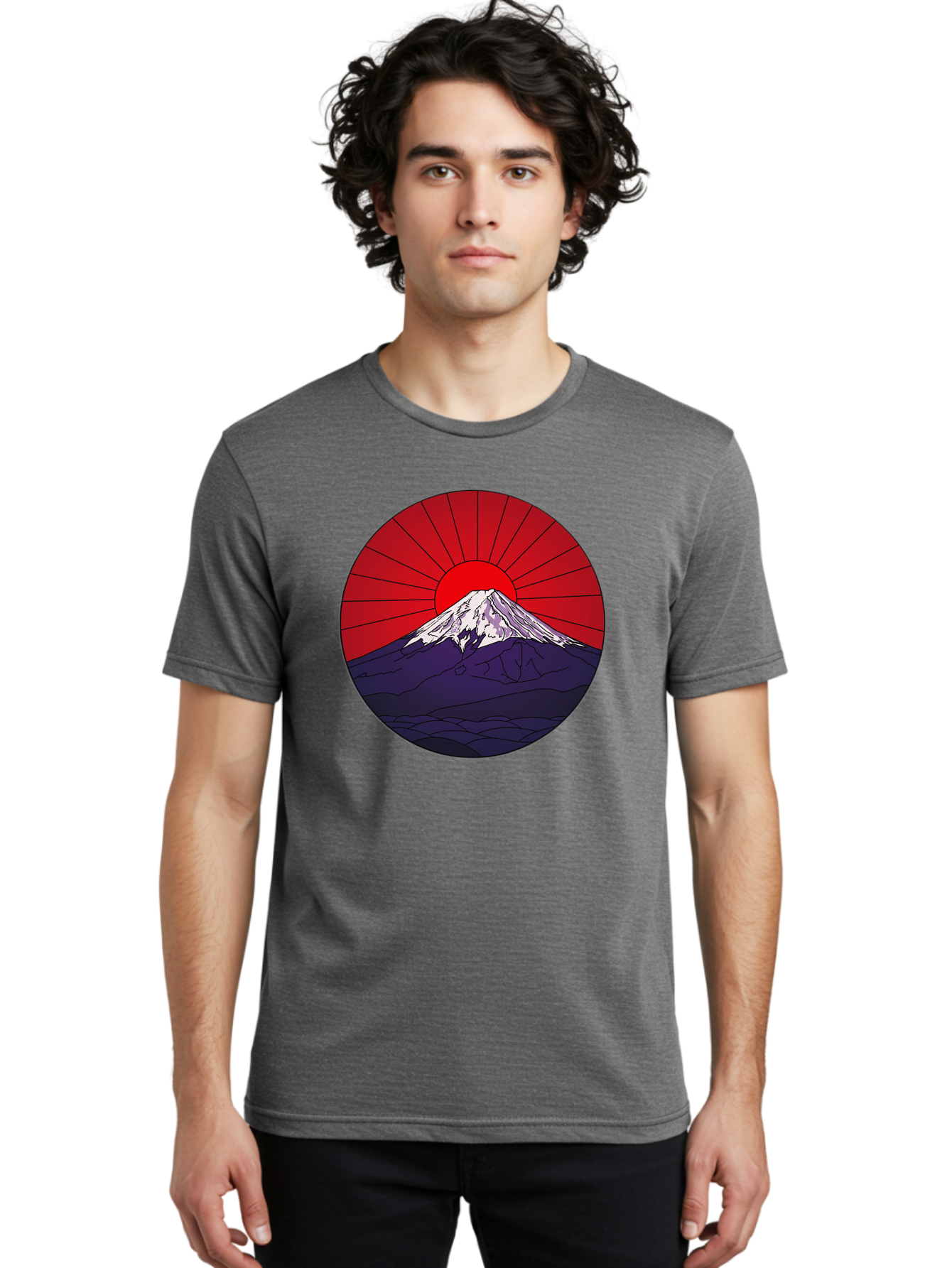 Fujisan Men'S Graphic Tee, 100% Cotton, Comfortable Casual Summer Wear, Machine Washable, Mount Fuji Landscape, Red Sunrise, Iconic Mountain, Japan Scenery, Minimalist Art, Sunrise Over Mountains, Snow-Capped Peak Bad953 25