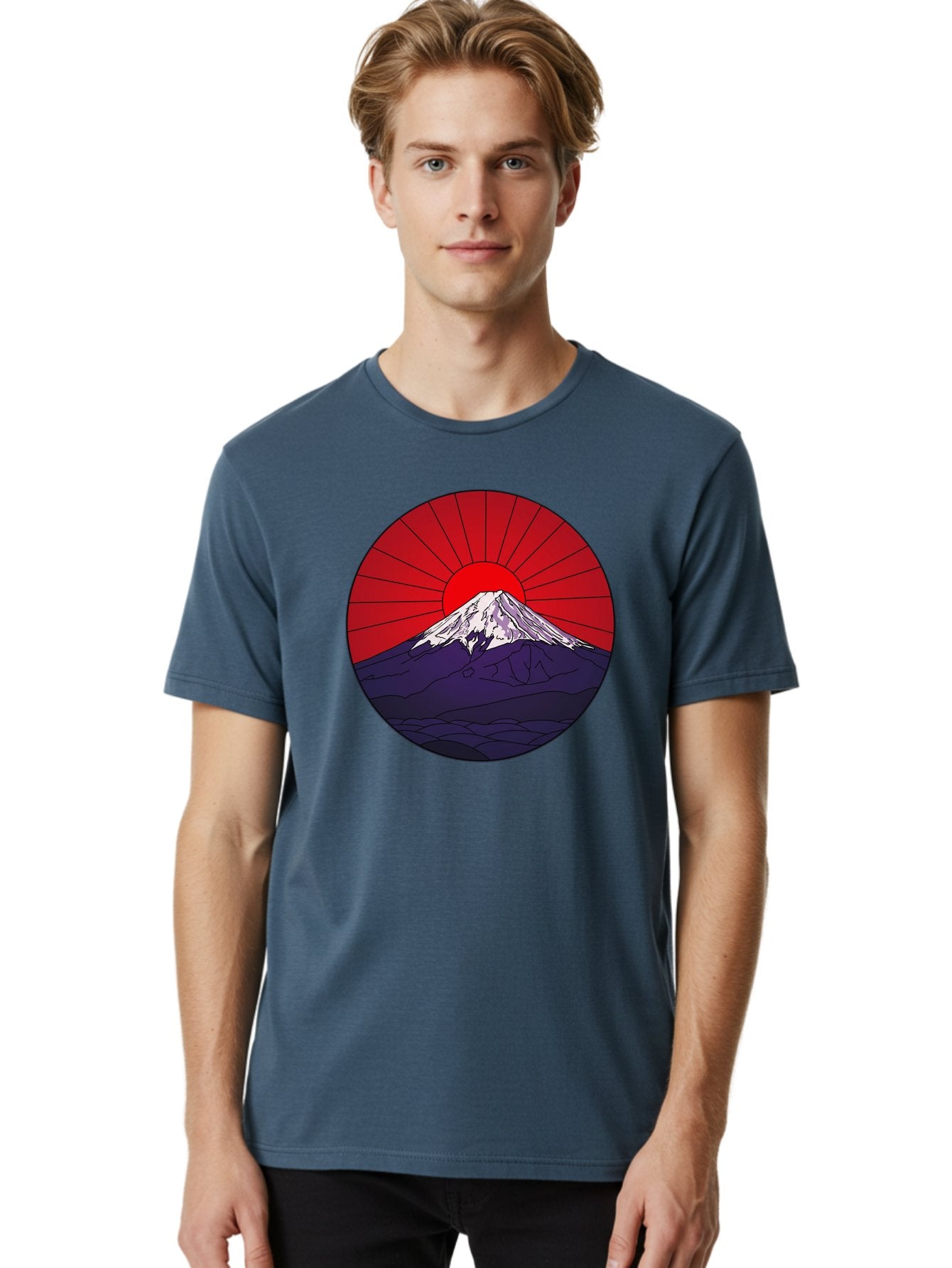 Fujisan Men'S Graphic Tee, 100% Cotton, Comfortable Casual Summer Wear, Machine Washable, Mount Fuji Landscape, Red Sunrise, Iconic Mountain, Japan Scenery, Minimalist Art, Sunrise Over Mountains, Snow-Capped Peak Bad953 26
