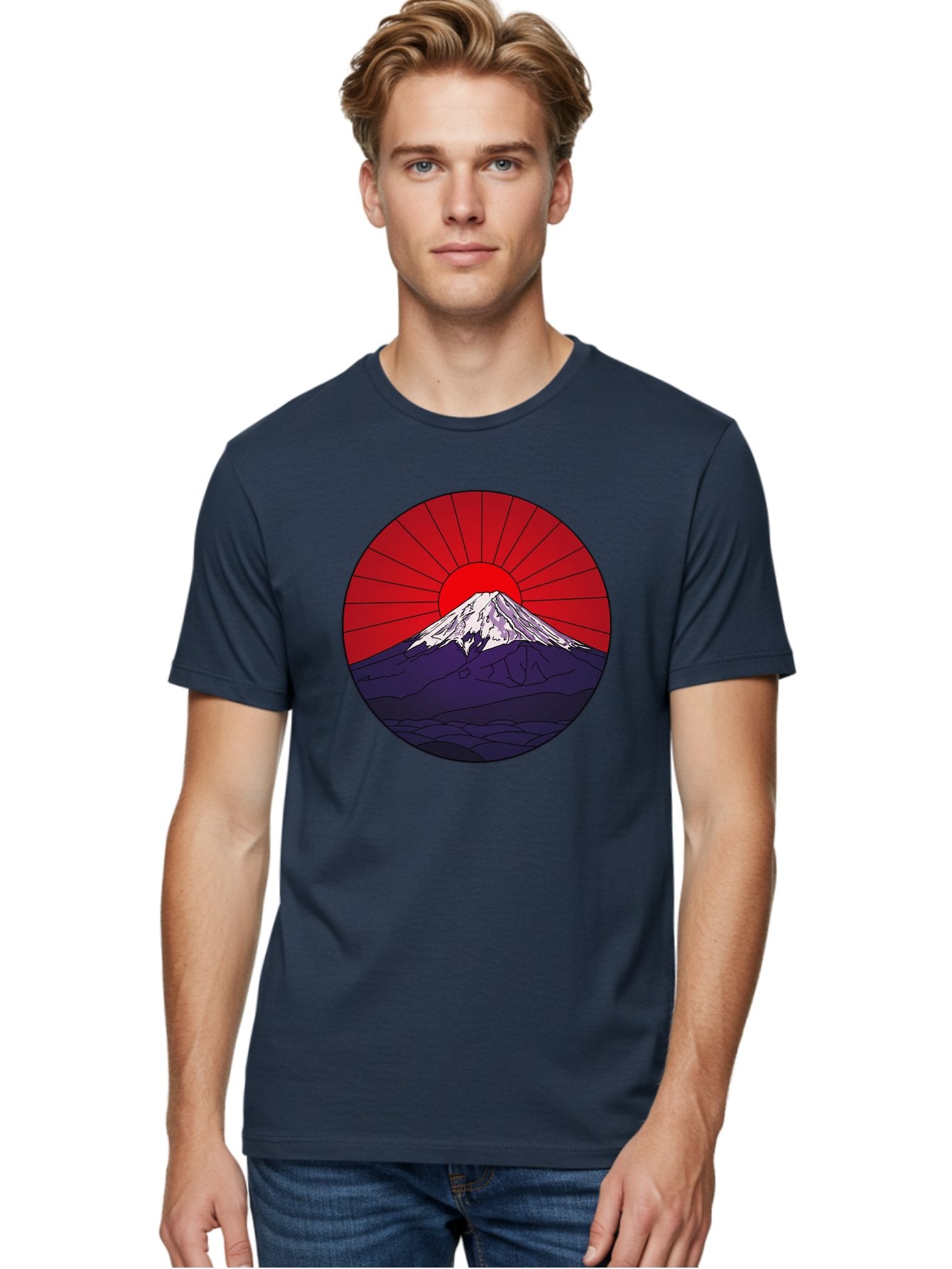Fujisan Men'S Graphic Tee, 100% Cotton, Comfortable Casual Summer Wear, Machine Washable, Mount Fuji Landscape, Red Sunrise, Iconic Mountain, Japan Scenery, Minimalist Art, Sunrise Over Mountains, Snow-Capped Peak Bad953 29