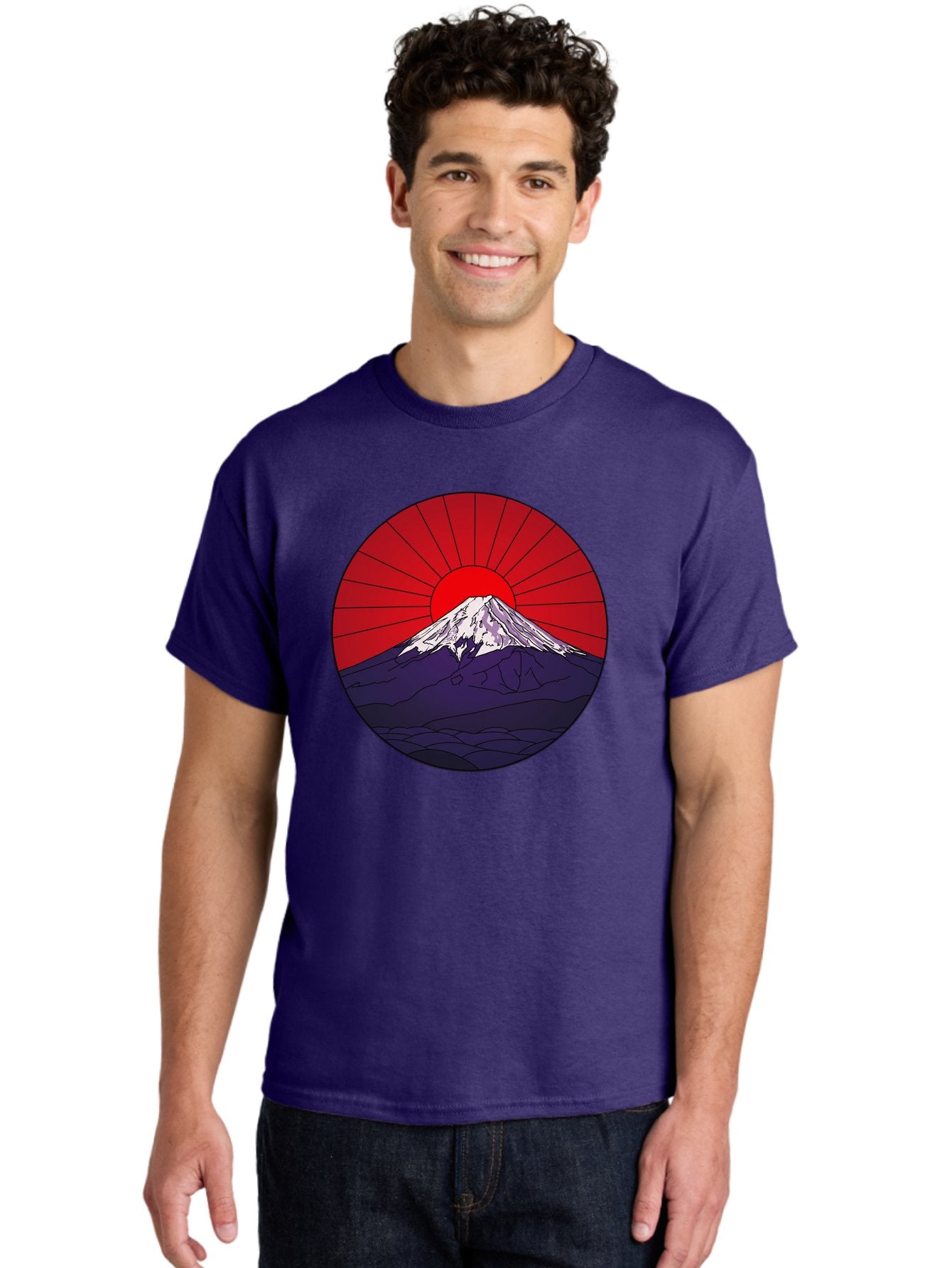 Fujisan Men'S Graphic Tee, 100% Cotton, Comfortable Casual Summer Wear, Machine Washable, Mount Fuji Landscape, Red Sunrise, Iconic Mountain, Japan Scenery, Minimalist Art, Sunrise Over Mountains, Snow-Capped Peak Bad953 25
