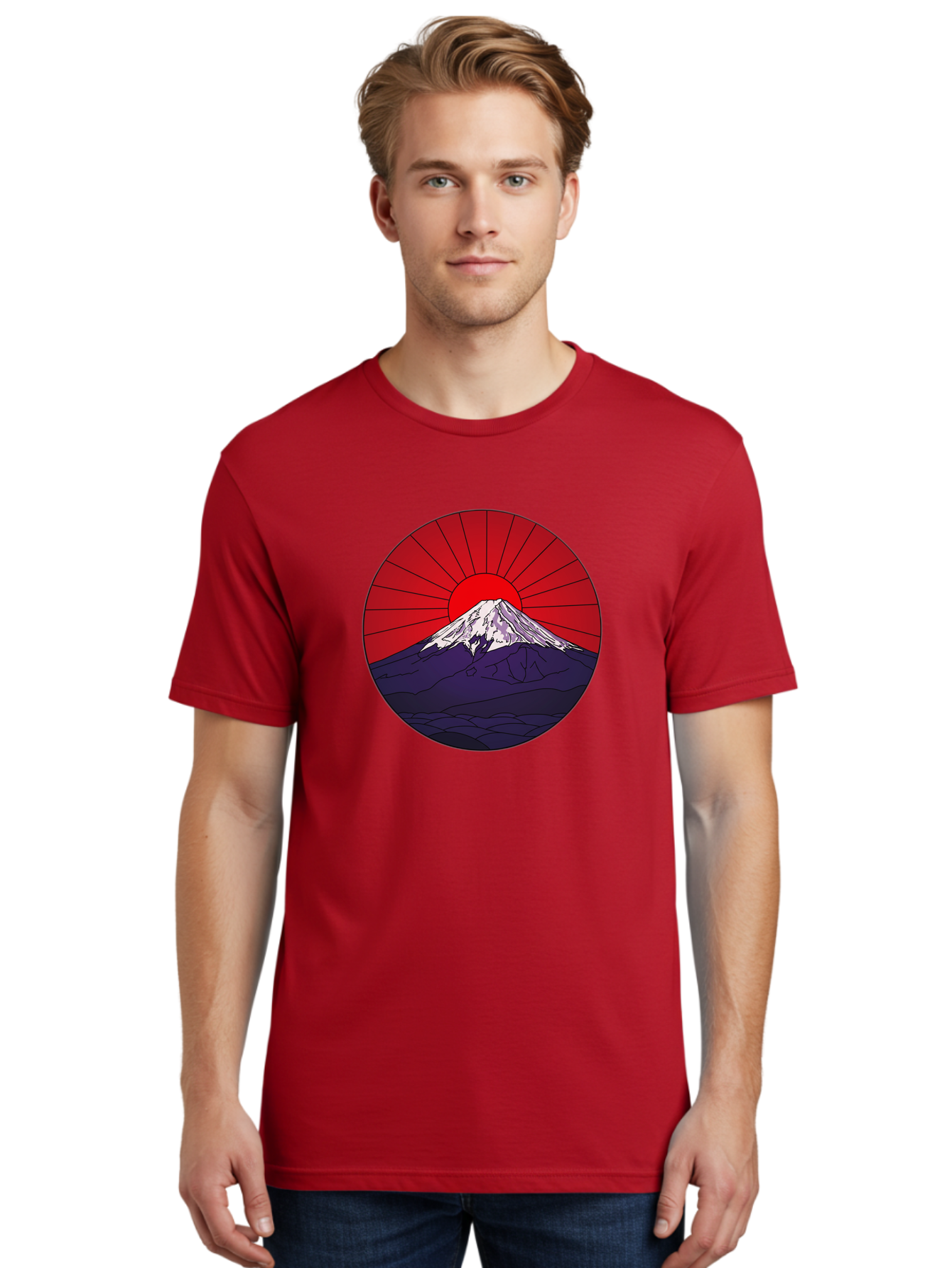 Fujisan Men'S Graphic Tee, 100% Cotton, Comfortable Casual Summer Wear, Machine Washable, Mount Fuji Landscape, Red Sunrise, Iconic Mountain, Japan Scenery, Minimalist Art, Sunrise Over Mountains, Snow-Capped Peak Bad953 28