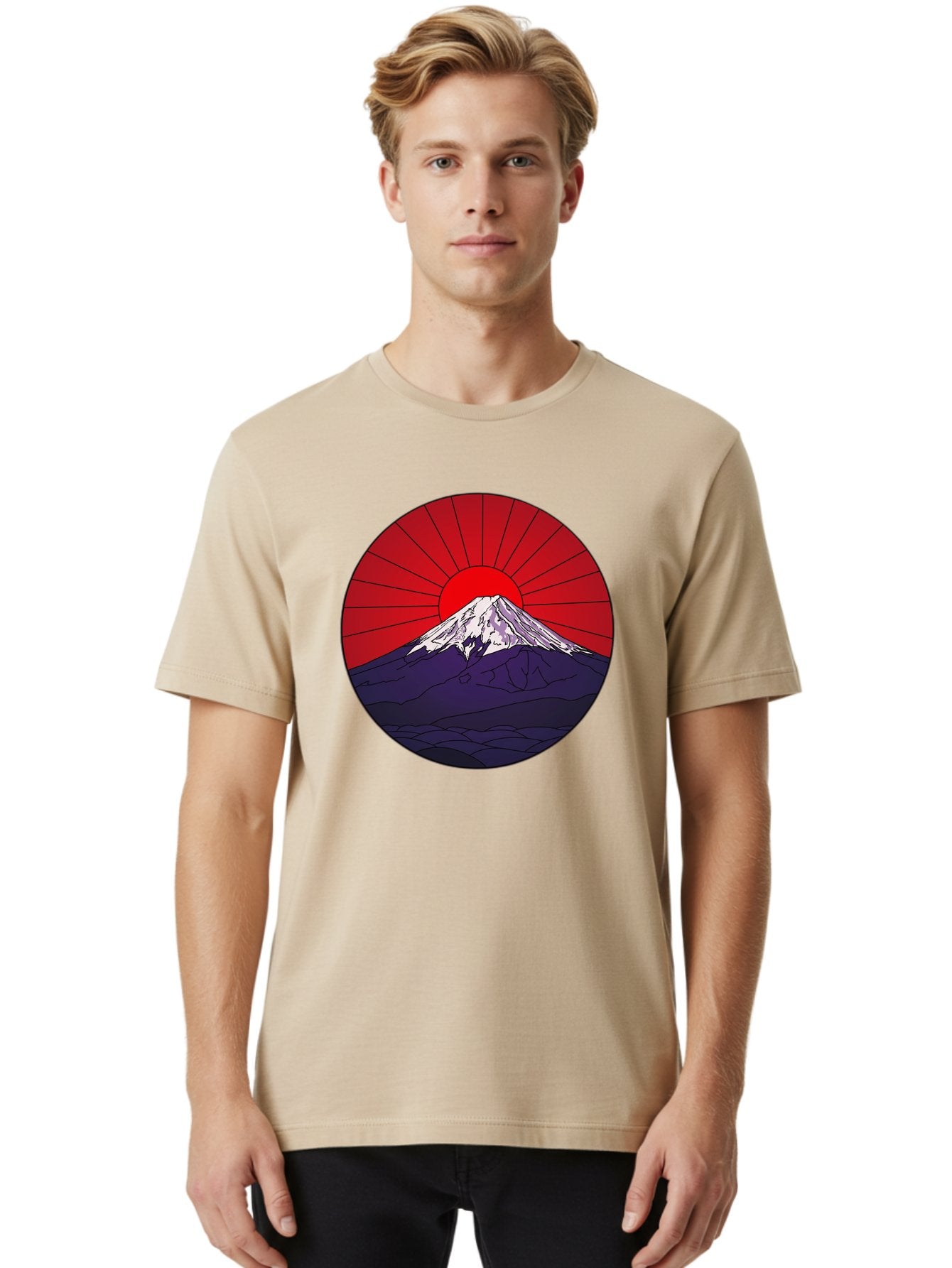 Fujisan Men'S Graphic Tee, 100% Cotton, Comfortable Casual Summer Wear, Machine Washable, Mount Fuji Landscape, Red Sunrise, Iconic Mountain, Japan Scenery, Minimalist Art, Sunrise Over Mountains, Snow-Capped Peak Bad953 28