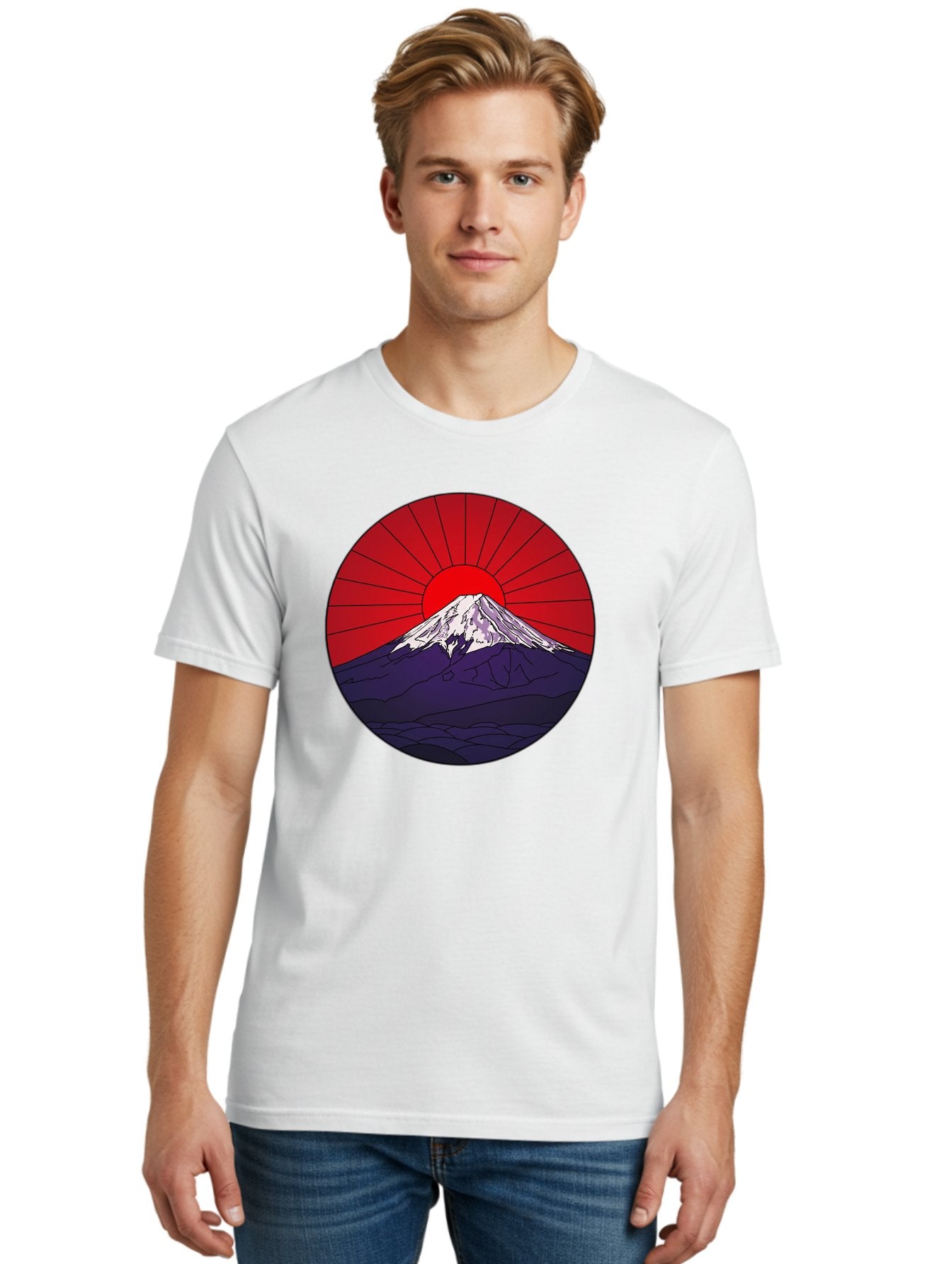 Fujisan Men'S Graphic Tee, 100% Cotton, Comfortable Casual Summer Wear, Machine Washable, Mount Fuji Landscape, Red Sunrise, Iconic Mountain, Japan Scenery, Minimalist Art, Sunrise Over Mountains, Snow-Capped Peak Bad953 18