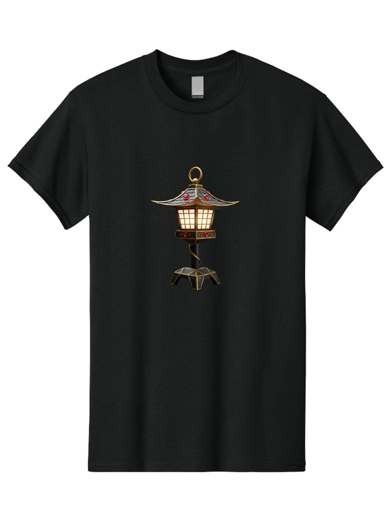 Japanese-Lantern-2 Men'S Graphic Tee, 100% Cotton, Comfortable Casual Summer Wear, Machine Washable, Traditional Pagoda Lantern, Ornate Metalwork, Red Gemstones, Gold Trim, Soft Glow, Warm Lighting, Japanese Decor, Oriental Design, Bad955 8
