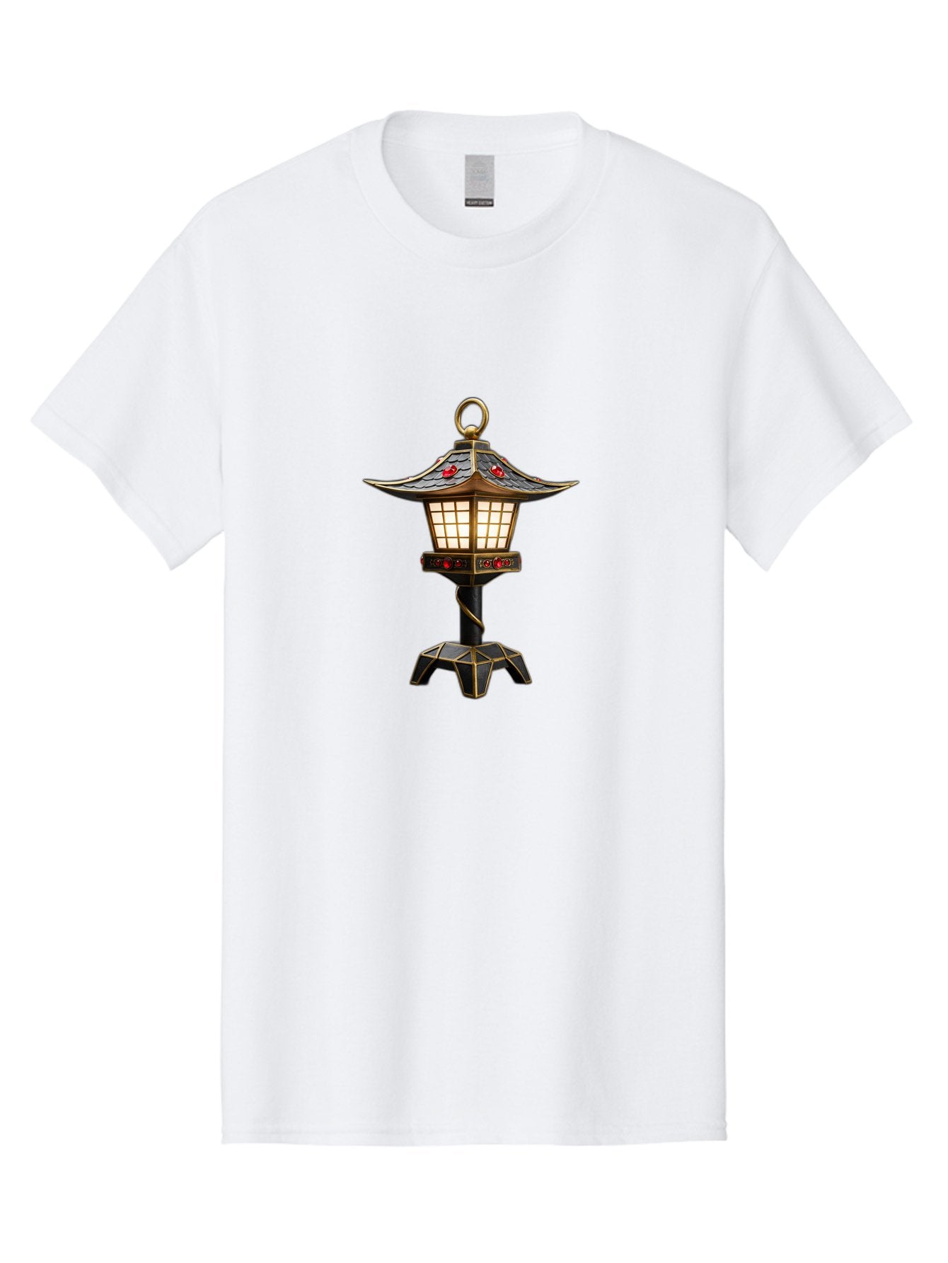 Japanese-Lantern-2 Men'S Graphic Tee, 100% Cotton, Comfortable Casual Summer Wear, Machine Washable, Traditional Pagoda Lantern, Ornate Metalwork, Red Gemstones, Gold Trim, Soft Glow, Warm Lighting, Japanese Decor, Oriental Design, Bad955 12