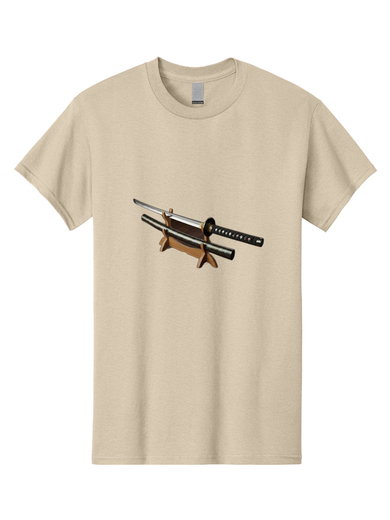 Katana-And-Scabbard Men'S Graphic Tee, 100% Cotton, Comfortable Casual Summer Wear, Machine Washable, Katana Sword, Japanese Sword, Samurai Sword, Katana On Stand, Sword Display, Traditional Japanese, Martial Arts, Black Scabbard, Wooden Stand Bad958 13