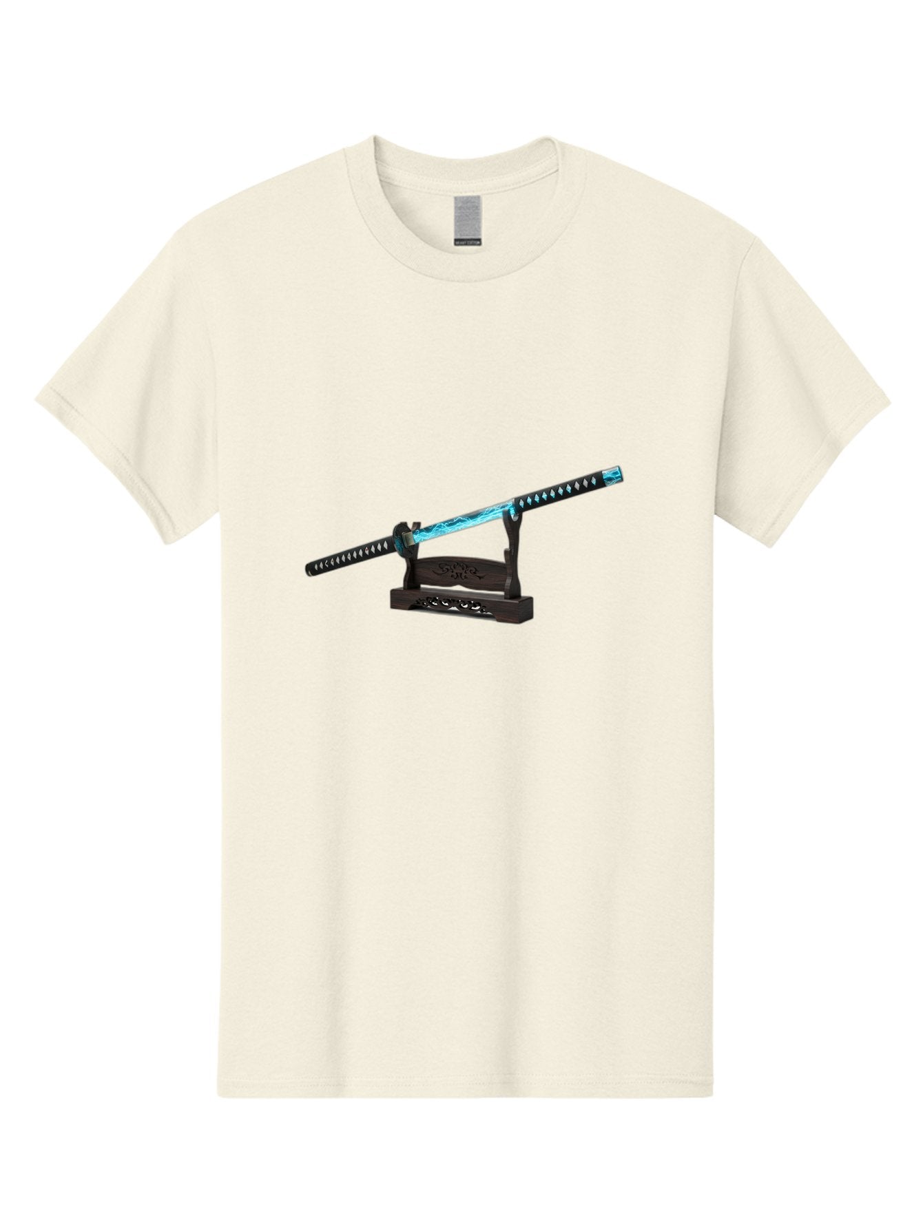 Katana-Sword-1 Men'S Graphic Tee, 100% Cotton, Comfortable Casual Summer Wear, Machine Washable, Katana Sword, Nichirin Blade, Anime Sword, Fantasy Sword, Sword On Stand, Katana Art, Japanese Sword, Blue Flame, Unique Handle, Artistic Display Bad959
