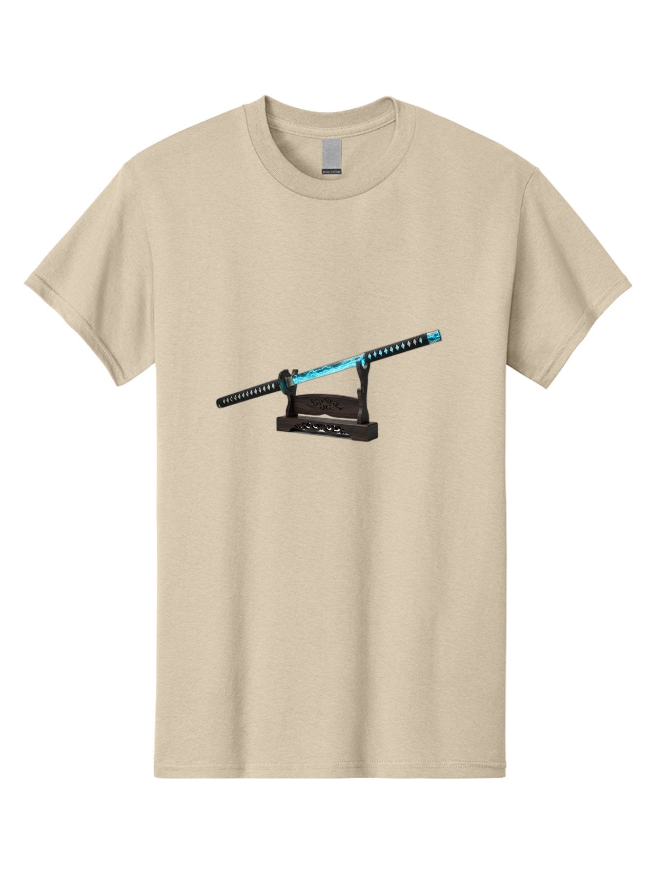 Katana-Sword-1 Men'S Graphic Tee, 100% Cotton, Comfortable Casual Summer Wear, Machine Washable, Katana Sword, Nichirin Blade, Anime Sword, Fantasy Sword, Sword On Stand, Katana Art, Japanese Sword, Blue Flame, Unique Handle, Artistic Display Bad959 6
