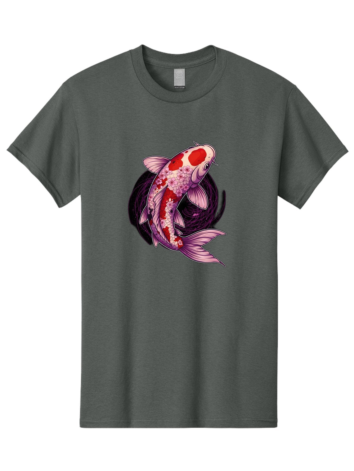 Koi-Fish-1 Men'S Graphic Tee, 100% Cotton, Comfortable Casual Summer Wear, Machine Washable, Koi Fish, Floral Patterns, Red And White Scales, Pink Flowers, Dynamic Swirl, Elegant Design, Japanese Inspiration, Symbolic Fish, Water Creature, Bad962 11