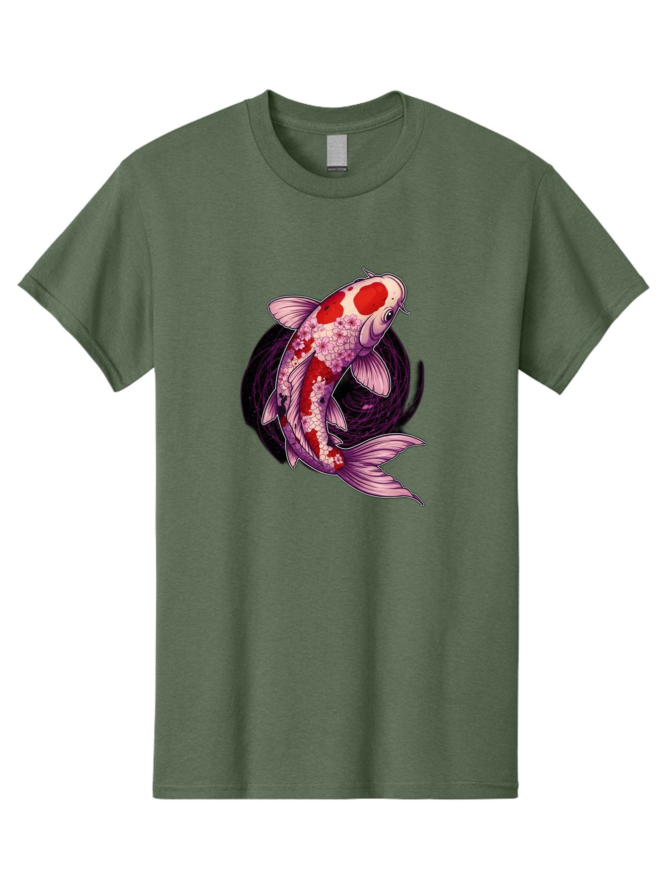 Koi-Fish-1 Men'S Graphic Tee, 100% Cotton, Comfortable Casual Summer Wear, Machine Washable, Koi Fish, Floral Patterns, Red And White Scales, Pink Flowers, Dynamic Swirl, Elegant Design, Japanese Inspiration, Symbolic Fish, Water Creature, Bad962 9