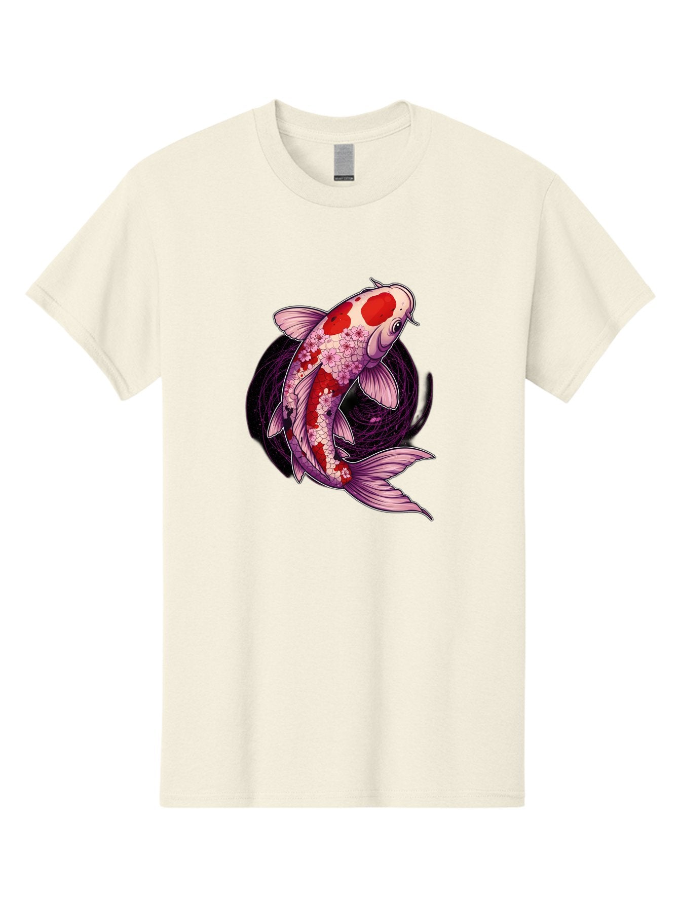 Koi-Fish-1 Men'S Graphic Tee, 100% Cotton, Comfortable Casual Summer Wear, Machine Washable, Koi Fish, Floral Patterns, Red And White Scales, Pink Flowers, Dynamic Swirl, Elegant Design, Japanese Inspiration, Symbolic Fish, Water Creature, Bad962 3