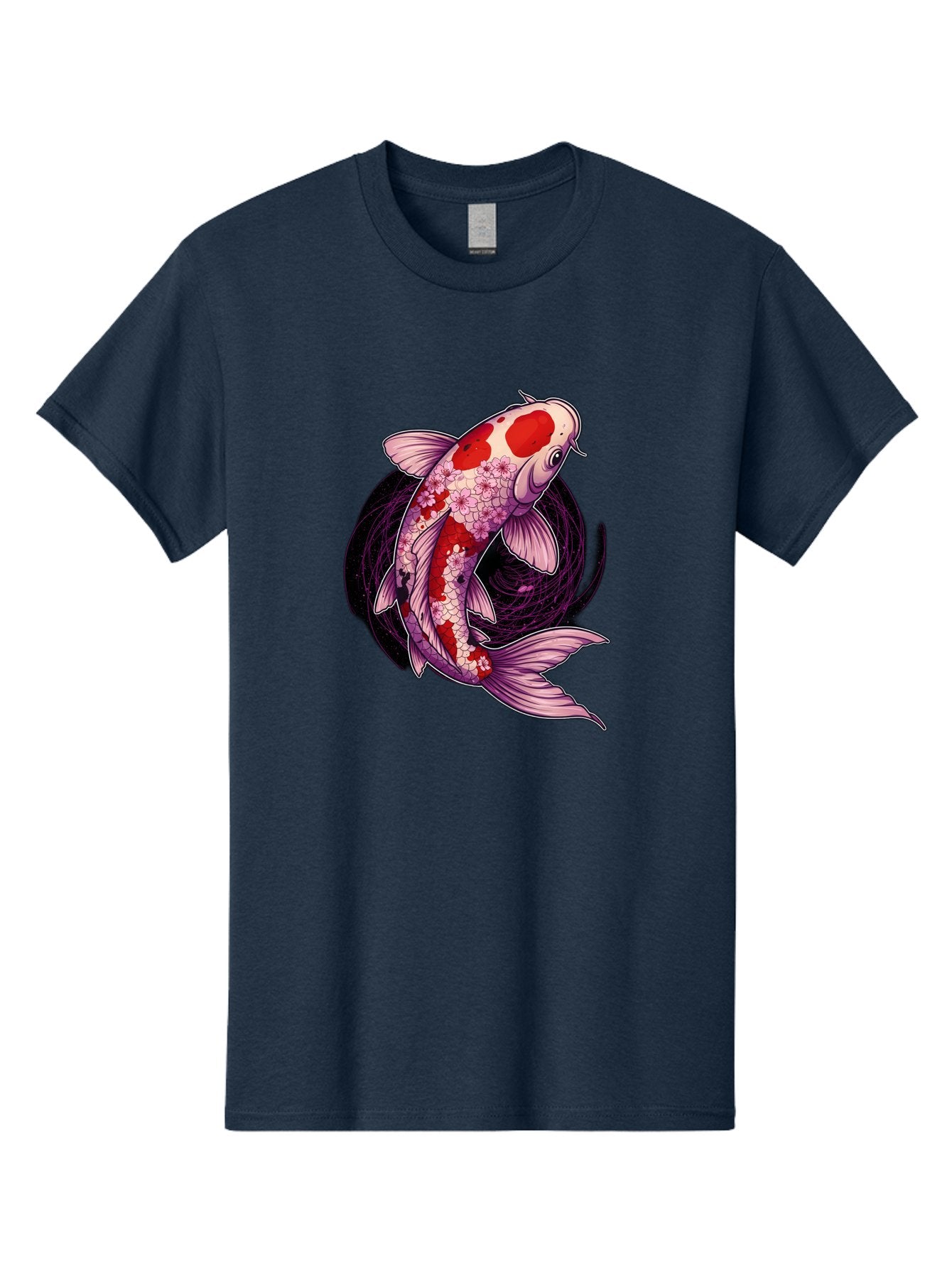 Koi-Fish-1 Men'S Graphic Tee, 100% Cotton, Comfortable Casual Summer Wear, Machine Washable, Koi Fish, Floral Patterns, Red And White Scales, Pink Flowers, Dynamic Swirl, Elegant Design, Japanese Inspiration, Symbolic Fish, Water Creature, Bad962 13