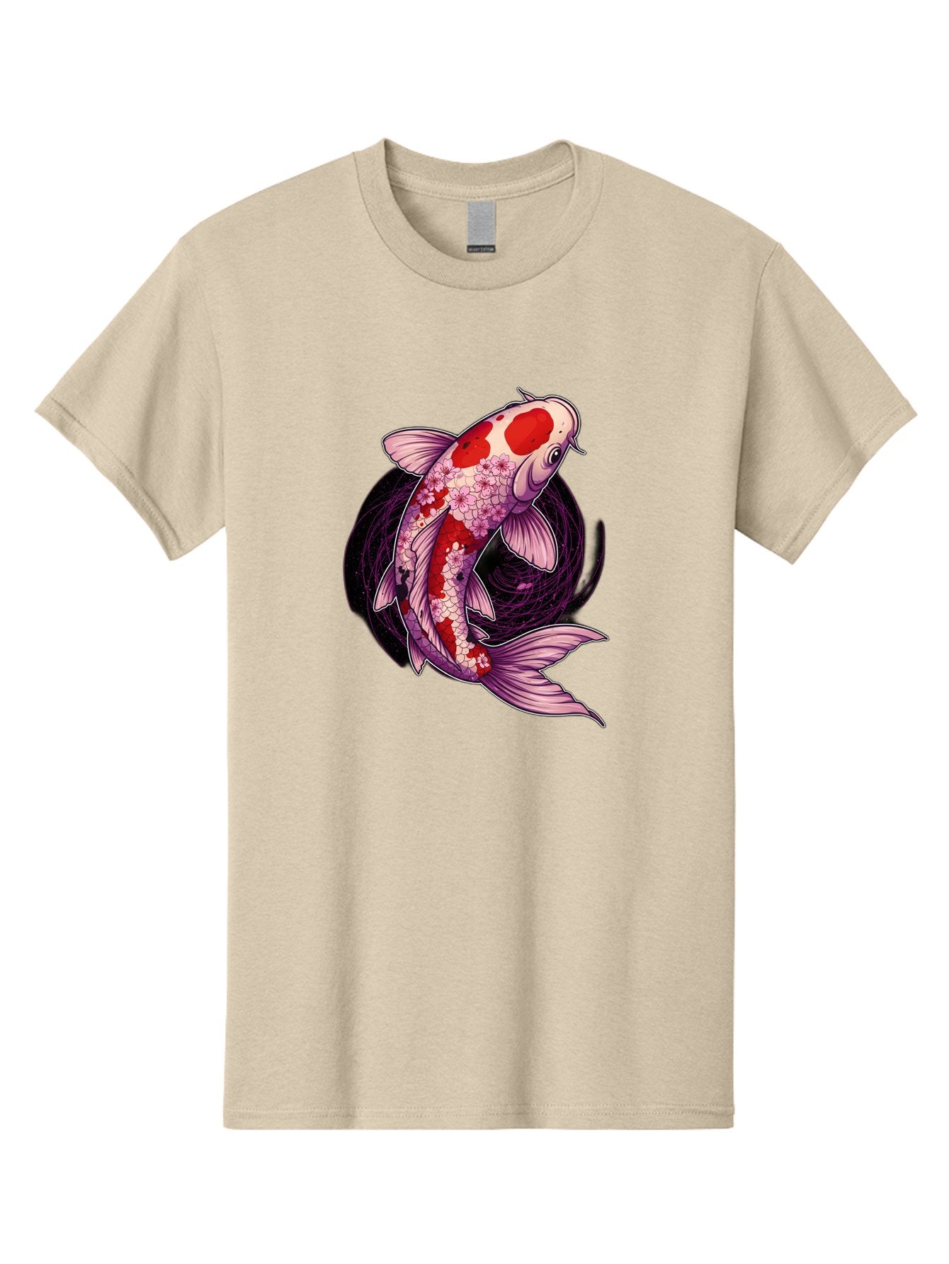 Koi-Fish-1 Men'S Graphic Tee, 100% Cotton, Comfortable Casual Summer Wear, Machine Washable, Koi Fish, Floral Patterns, Red And White Scales, Pink Flowers, Dynamic Swirl, Elegant Design, Japanese Inspiration, Symbolic Fish, Water Creature, Bad962 4