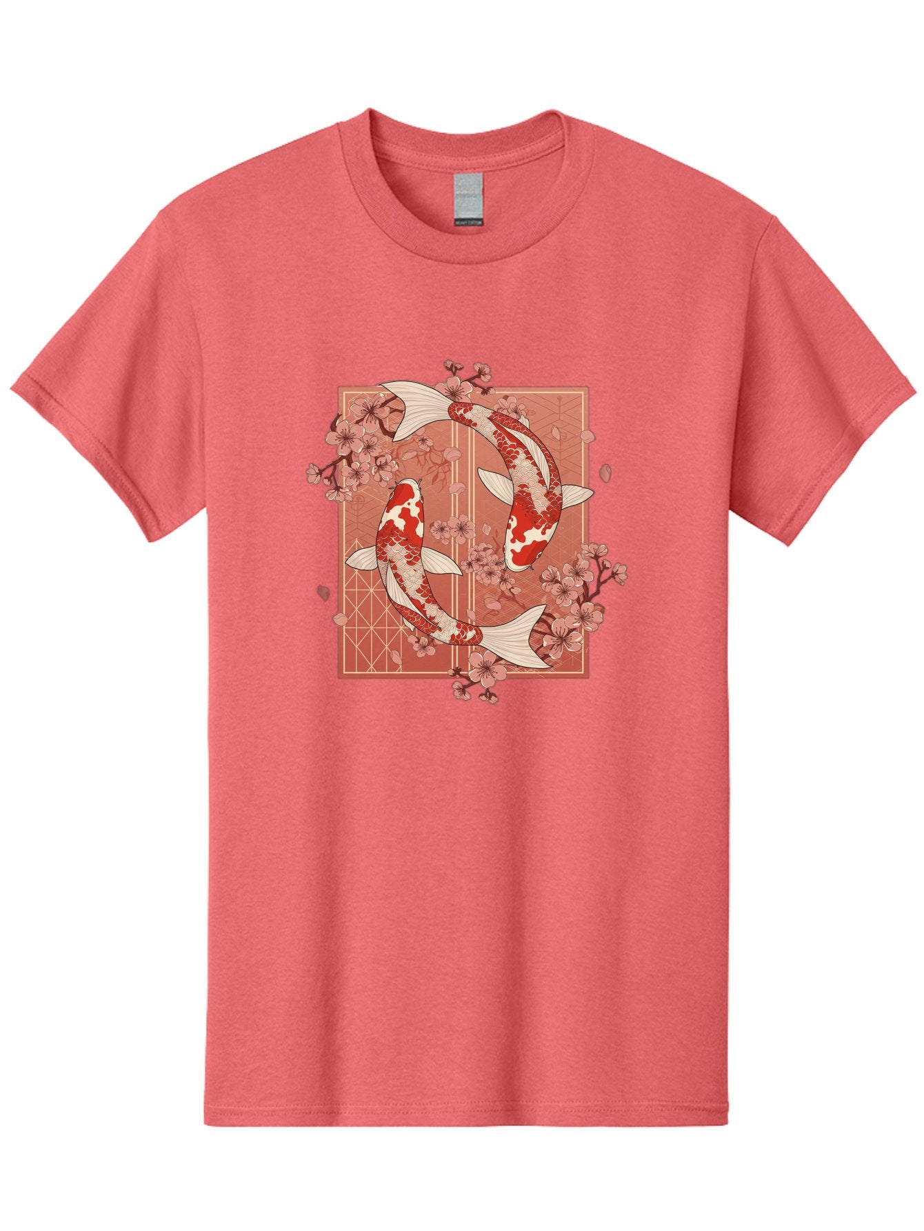 Koi-Fish Men'S Graphic Tee, 100% Cotton, Comfortable Casual Summer Wear, Machine Washable, Koi Fish, Red And White Fish, Cherry Blossoms, Japanese Culture, Traditional Art, Symbolic Fish, Harmonious Design, Serene Atmosphere, Elegant Pattern, Bad963 3