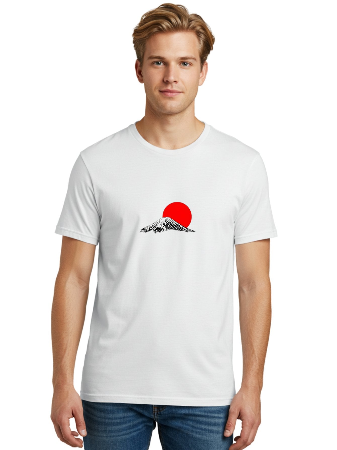 Mount-Fuji-6 Men'S Graphic Tee, 100% Cotton, Comfortable Casual Summer Wear, Machine Washable, Mount Fuji Illustration, Red Sun, Minimalist Design, Japanese Culture, Iconic Landmarks, Black And White Graphics, Simple Shapes, Bold Colors, Bad971 30