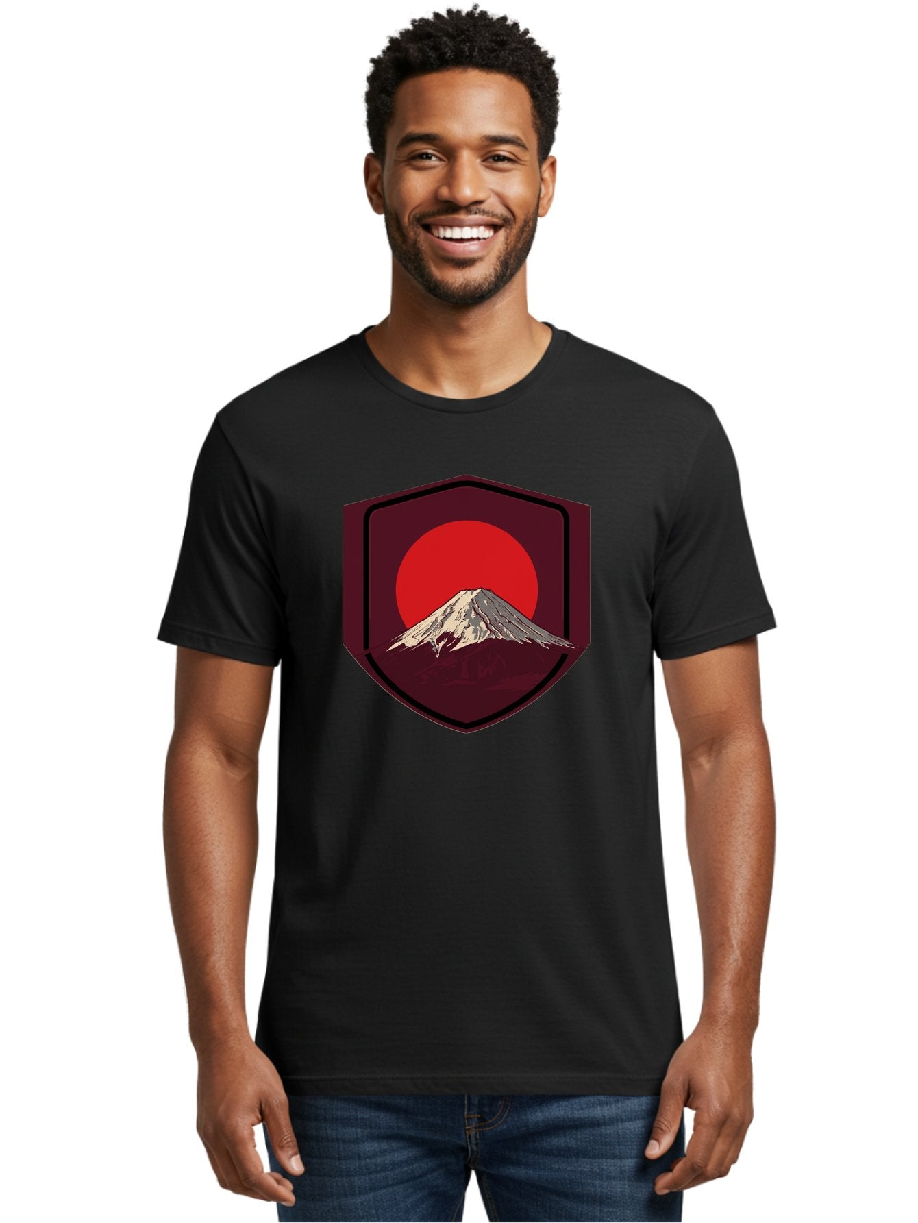 Mount-Fuji-Badge Men'S Graphic Tee, 100% Cotton, Comfortable Casual Summer Wear, Machine Washable, Mount Fuji, Japanese Mountain, Red Sun, Shield Emblem, Mountain Landscape, Japanese Culture, Iconic Symbol, Graphic Design, Red Circle Bad975 21
