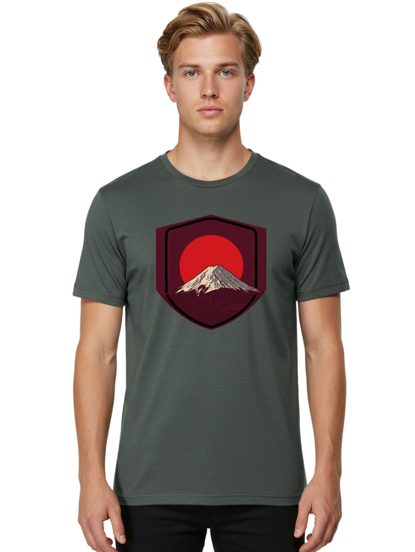 Mount-Fuji-Badge Men'S Graphic Tee, 100% Cotton, Comfortable Casual Summer Wear, Machine Washable, Mount Fuji, Japanese Mountain, Red Sun, Shield Emblem, Mountain Landscape, Japanese Culture, Iconic Symbol, Graphic Design, Red Circle Bad975 18