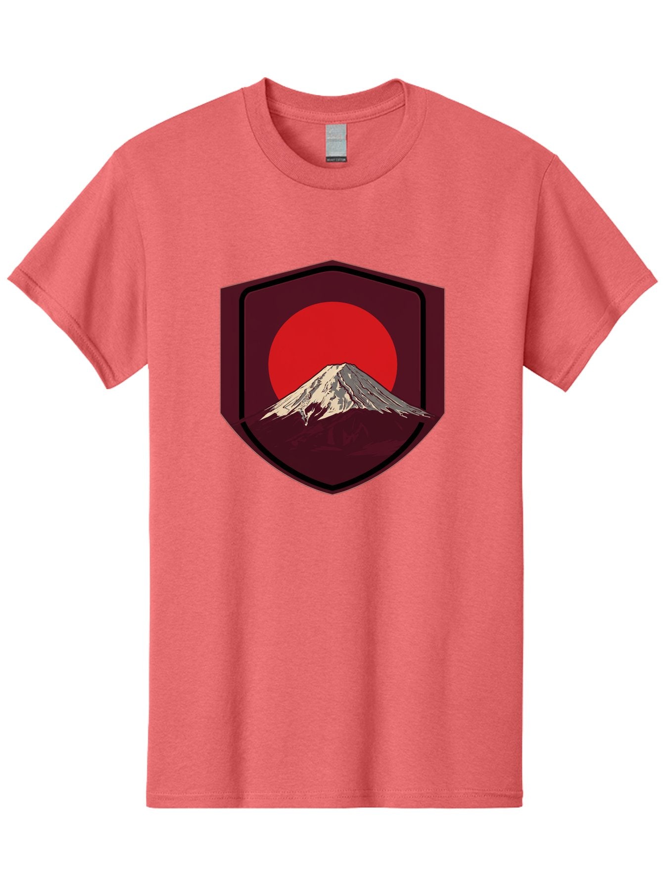 Mount-Fuji-Badge Men'S Graphic Tee, 100% Cotton, Comfortable Casual Summer Wear, Machine Washable, Mount Fuji, Japanese Mountain, Red Sun, Shield Emblem, Mountain Landscape, Japanese Culture, Iconic Symbol, Graphic Design, Red Circle Bad975 12