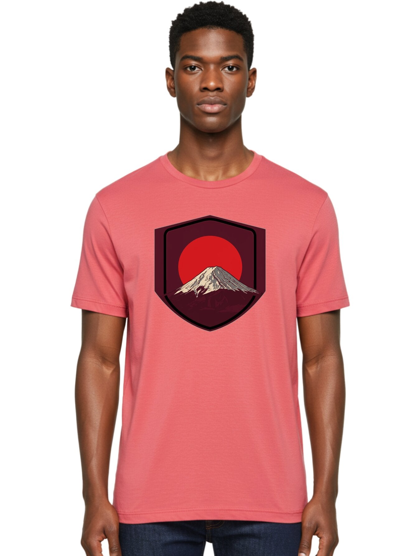 Mount-Fuji-Badge Men'S Graphic Tee, 100% Cotton, Comfortable Casual Summer Wear, Machine Washable, Mount Fuji, Japanese Mountain, Red Sun, Shield Emblem, Mountain Landscape, Japanese Culture, Iconic Symbol, Graphic Design, Red Circle Bad975 28
