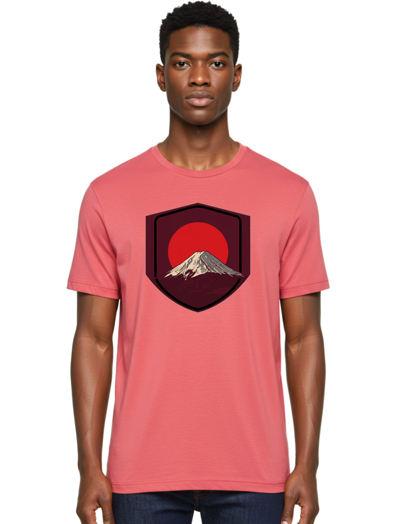 Mount-Fuji-Badge Men'S Graphic Tee, 100% Cotton, Comfortable Casual Summer Wear, Machine Washable, Mount Fuji, Japanese Mountain, Red Sun, Shield Emblem, Mountain Landscape, Japanese Culture, Iconic Symbol, Graphic Design, Red Circle Bad975 18