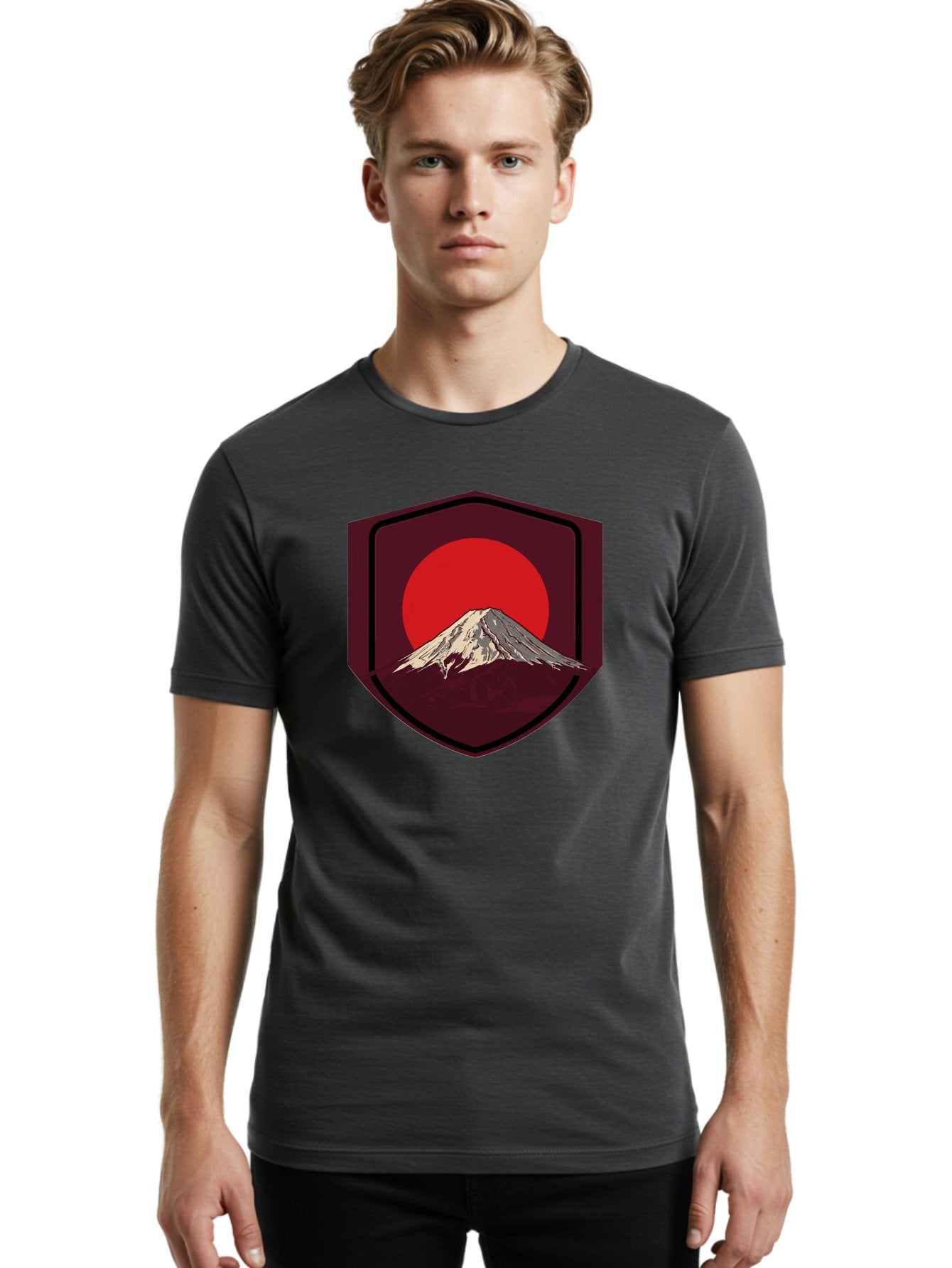 Mount-Fuji-Badge Men'S Graphic Tee, 100% Cotton, Comfortable Casual Summer Wear, Machine Washable, Mount Fuji, Japanese Mountain, Red Sun, Shield Emblem, Mountain Landscape, Japanese Culture, Iconic Symbol, Graphic Design, Red Circle Bad975 30