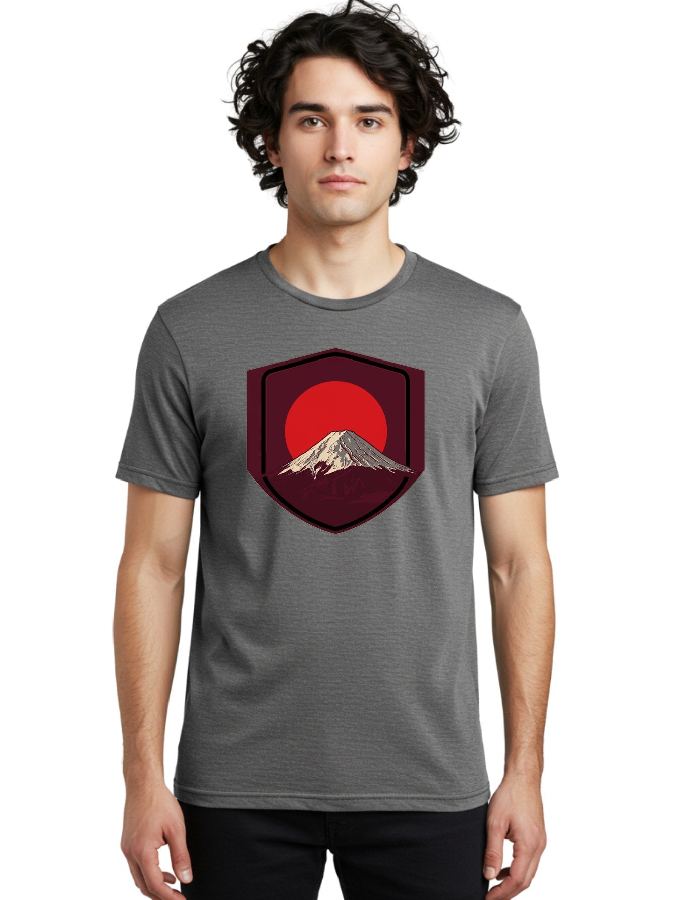 Mount-Fuji-Badge Men'S Graphic Tee, 100% Cotton, Comfortable Casual Summer Wear, Machine Washable, Mount Fuji, Japanese Mountain, Red Sun, Shield Emblem, Mountain Landscape, Japanese Culture, Iconic Symbol, Graphic Design, Red Circle Bad975 22